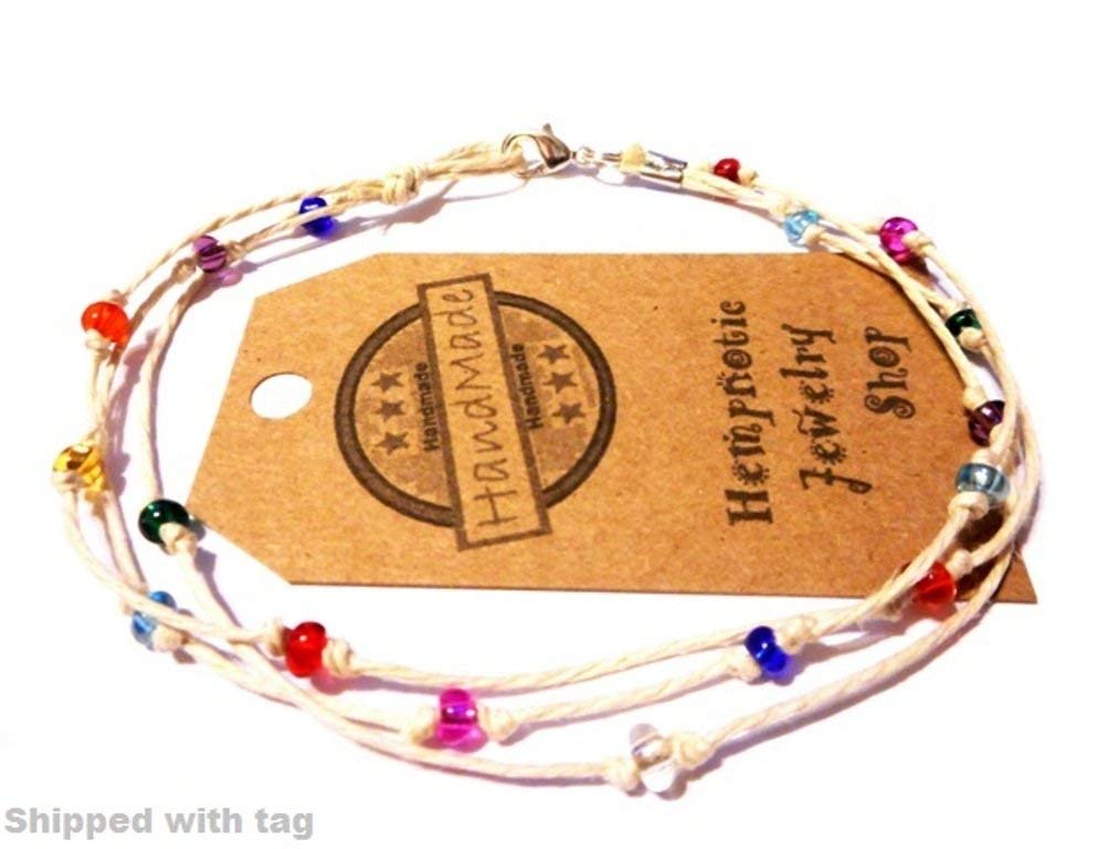 Handmade Multicolor Glass Beaded Three-String Hemp Anklet Bracelet for Women - Boho Beach Jewelry, Summer Festival Accessory, Yoga & Meditation Gift