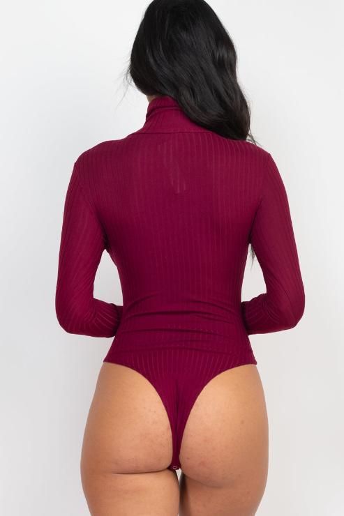 Women's Ribbed Turtle Neck Long Sleeve Bodysuit - Stretchy Slim Fit Basic Top for Layering, Casual Wear & Office Outfits