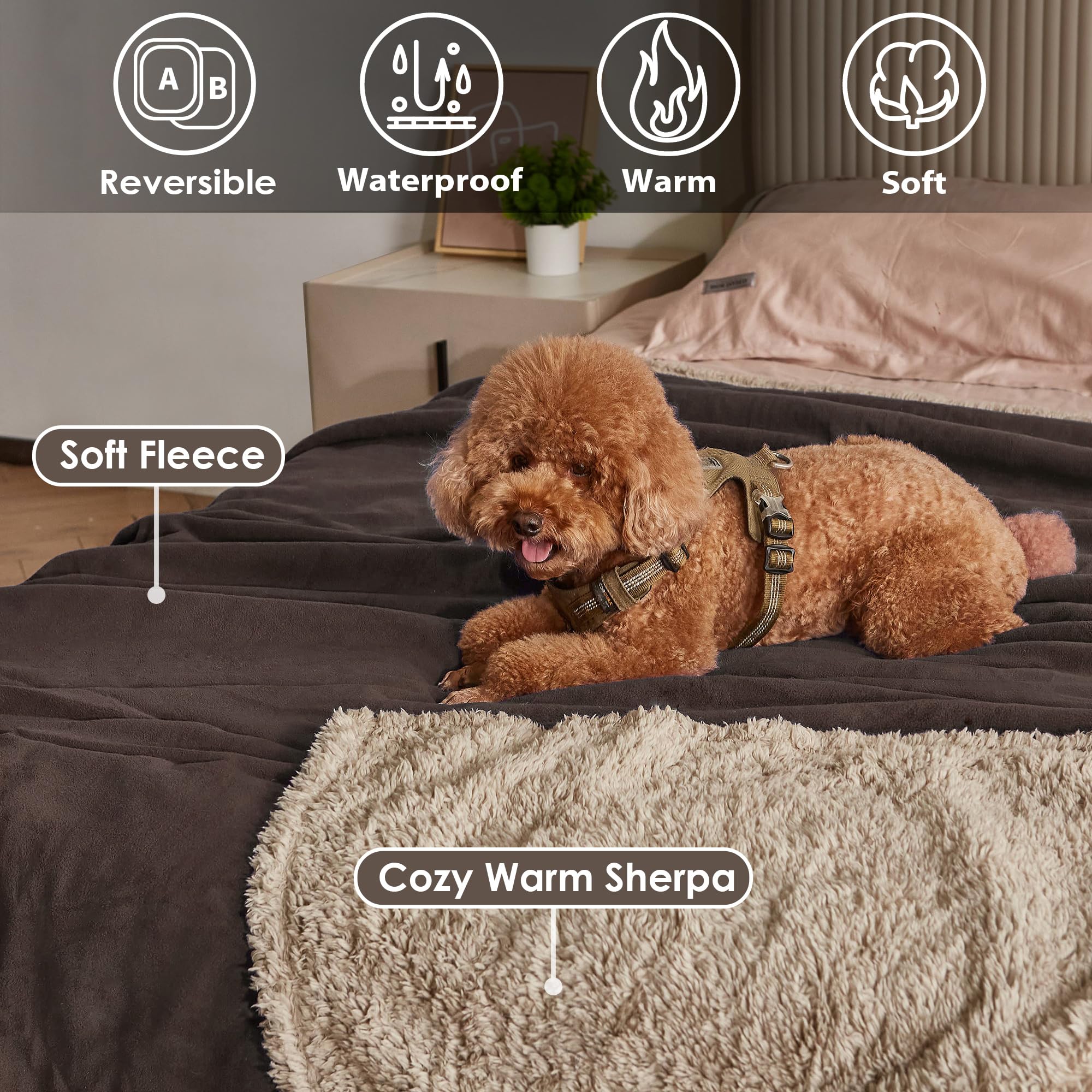 Waterproof Fleece Sherpa Throw Blanket - 80x60 Inch Brown Reversible Sofa Cover & Bed Protector for Camping, Boating, Car Seat - Cozy Warm Washable Blanket for Couch, Bed, Outdoor Adventures