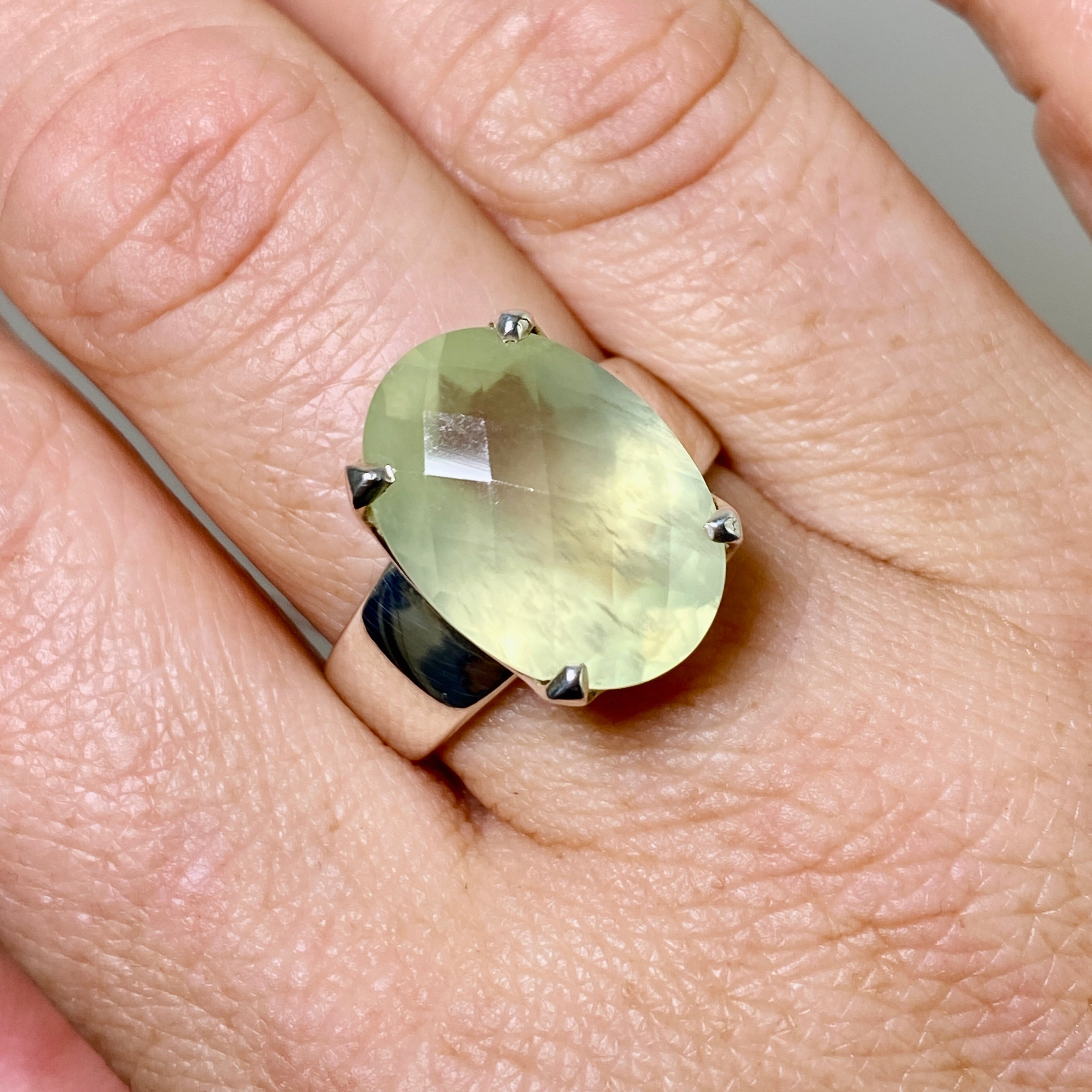 Prehnite Oval Checkerboard Faceted Ring Size 10 - Natural Gemstone Jewelry for Women, Elegant Statement Ring for Wedding, Party & Special Occasions