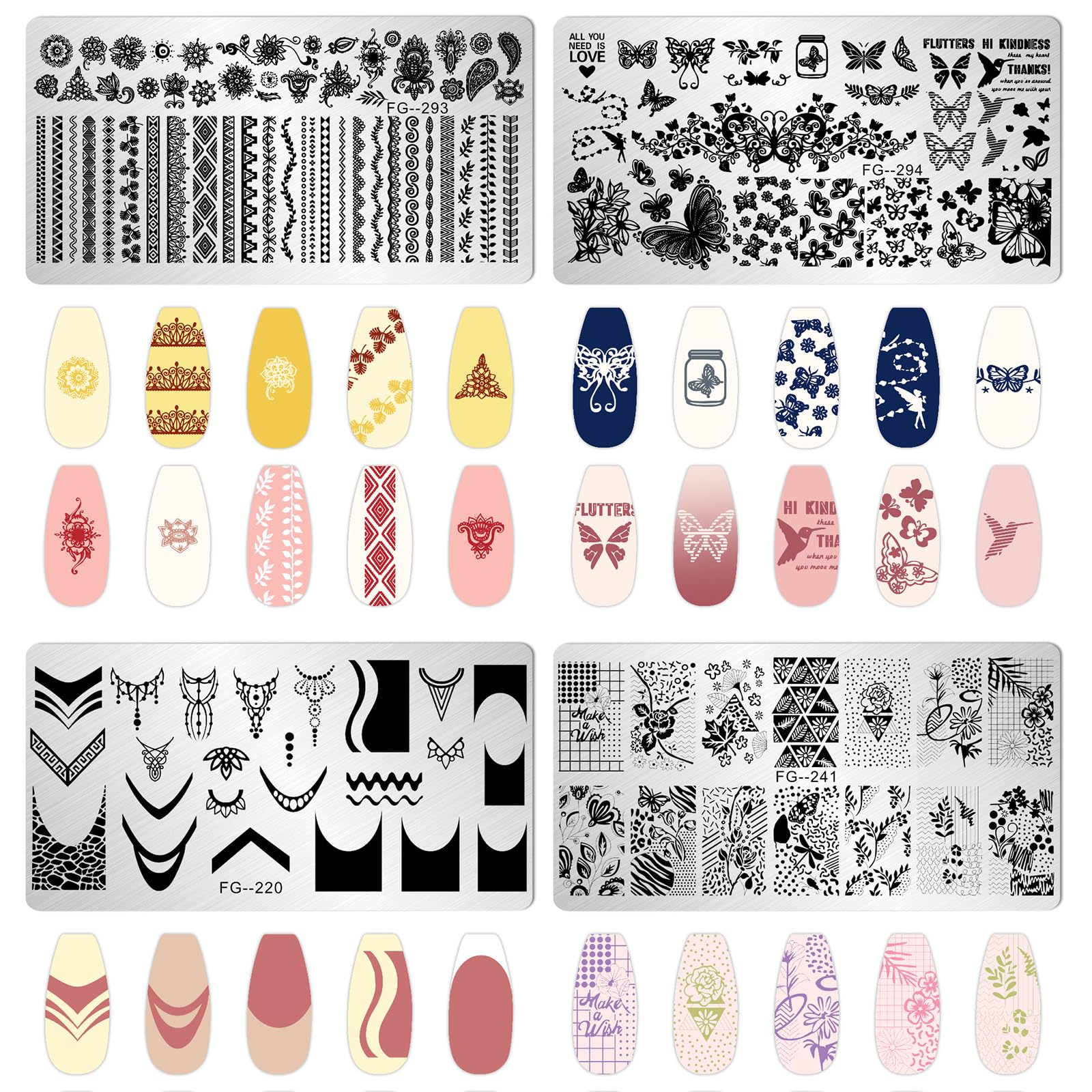 AddFavor 6-Piece Nail Stamper Kit - Butterfly Flower Leaves Nail Stamping Plate, French Manicure Stencils with Silicone Stamp & Scraper - Professional Nail Art Design Tools for Women, DIY Home & Salon Use