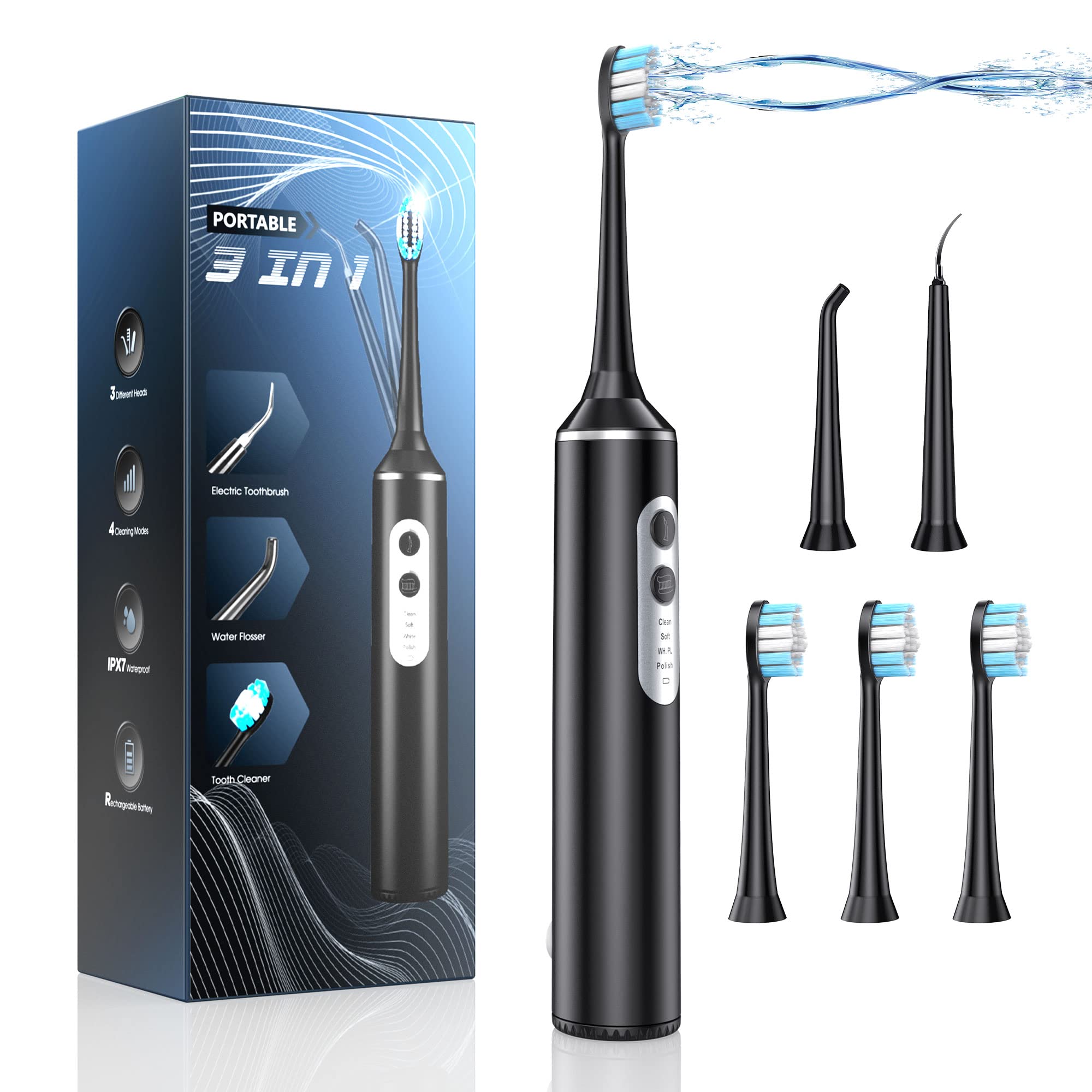 Sonic Electric Toothbrush with Water Flosser - 4 Brush Heads & 4 Cleaning Modes, Portable Teeth Cleaning Kit for Travel & Home Use (Black) | Perfect for Daily Oral Care, Travel Essentials & Family Dental Hygiene