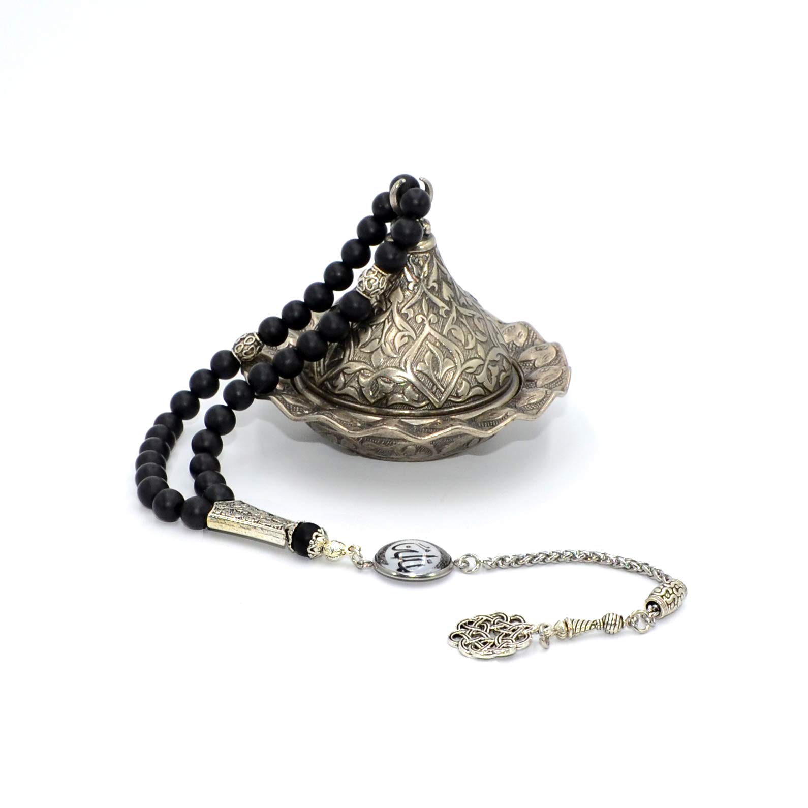 Premium Allah Tassel Worry Beads - 8mm Black Agate Stone Prayer Beads (33 Beads) - Islamic Tasbih, Misbaha, Rosary for Meditation, Stress Relief & Spiritual Practice