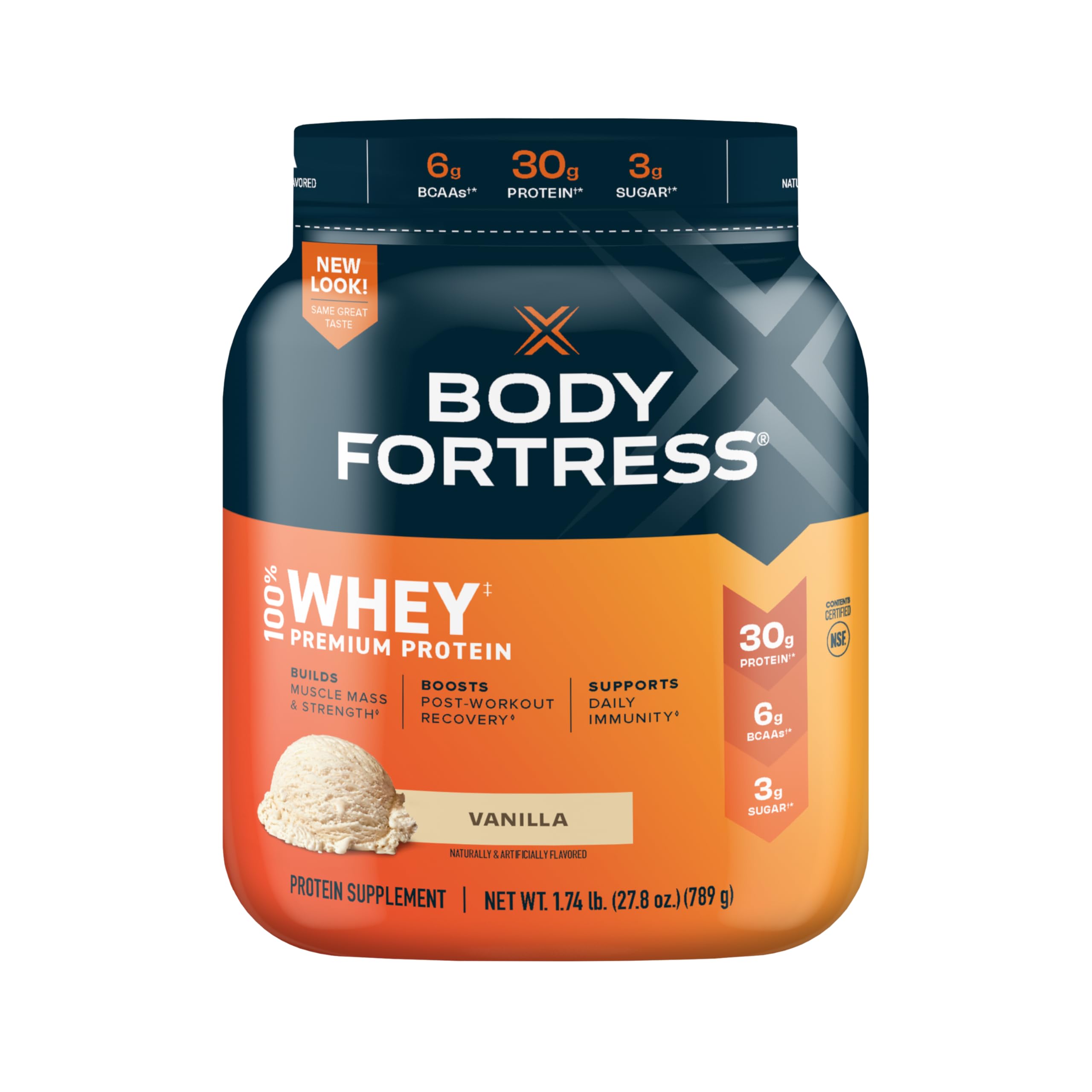 Body Fortress 100% Whey Protein Powder Vanilla 1.74lbs & Pure Protein Bars Chocolate Peanut Butter 12 Count 1.76oz - Post Workout Recovery & Muscle Building Supplement for Athletes & Fitness Enthusiasts