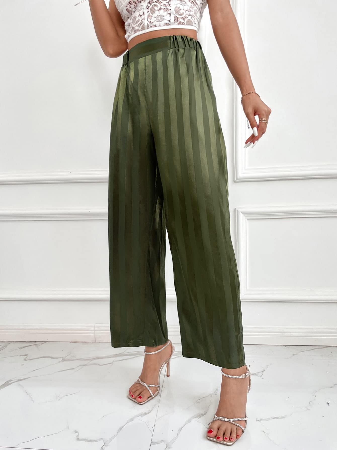 WDIRARA Women's High Waist Wide Leg Pants - Elastic Waistband, Striped Satin Lounge Pants for Casual Wear, Work, Travel & Home Comfort