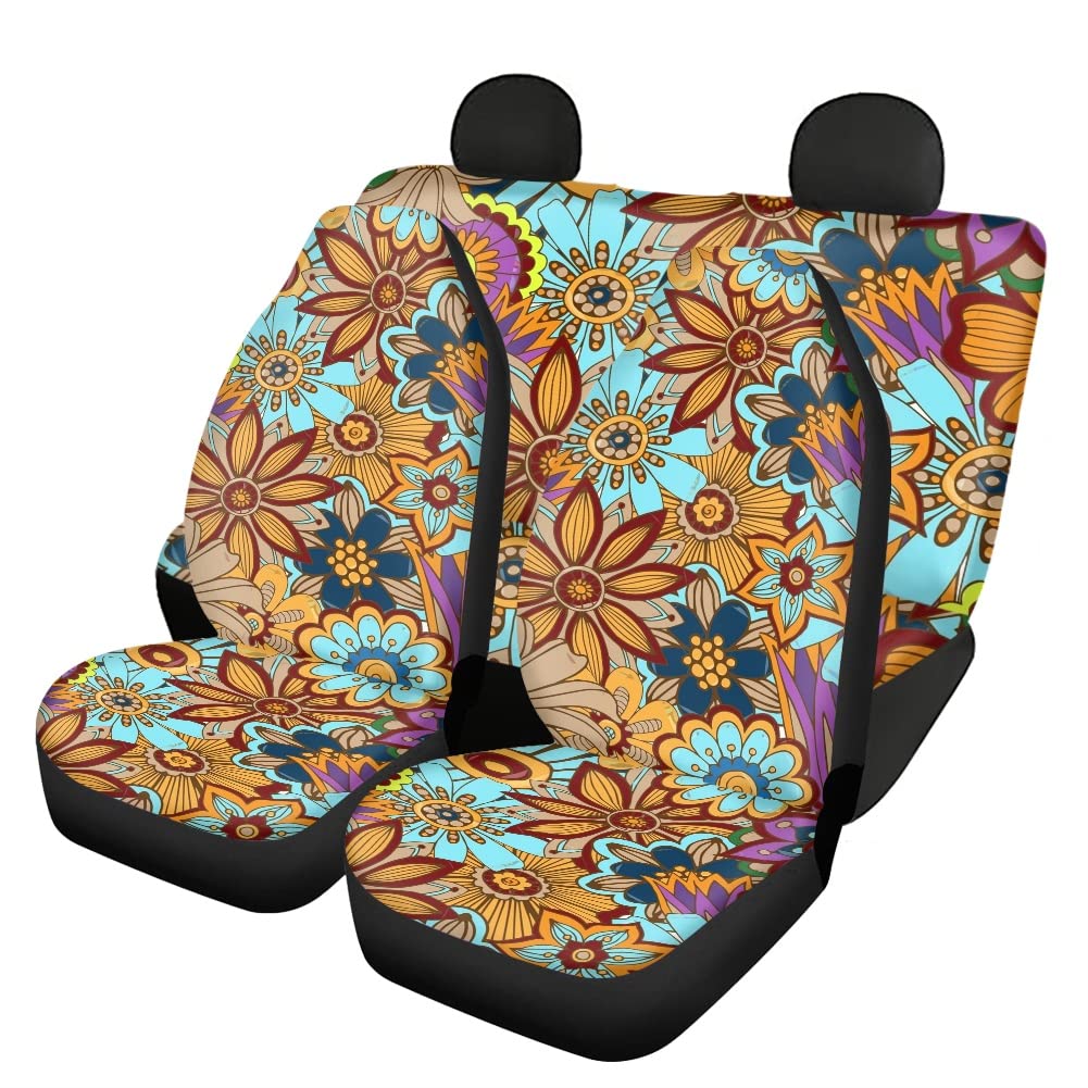 Kuiaobaty Vintage Floral Car Seat Covers - Boho Bright Blossoms Full Set Front & Rear Seat Protectors | Universal Fit for Most Cars | Perfect for Women's Style & Road Trips