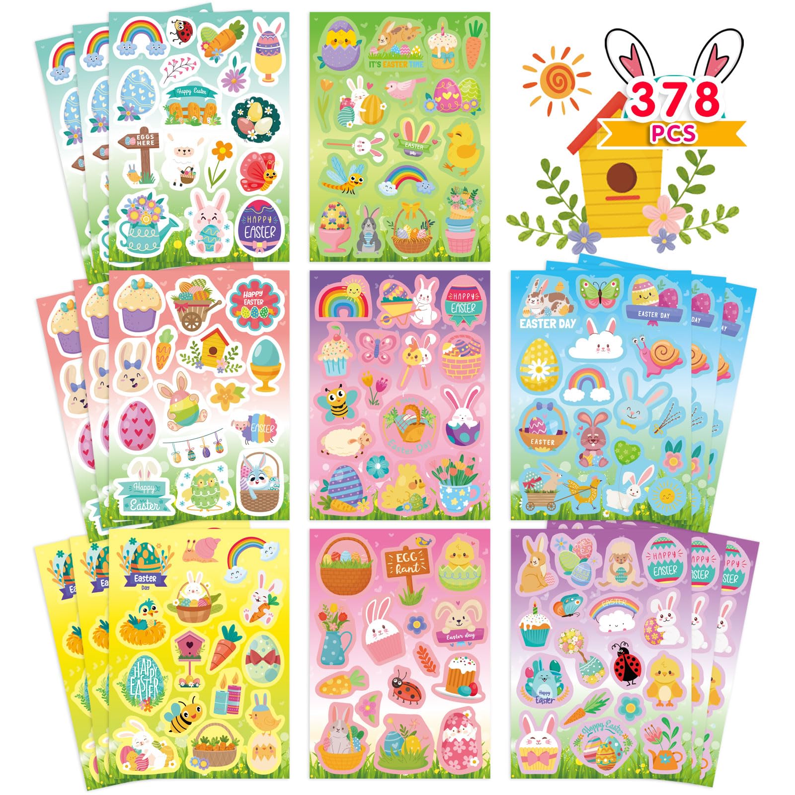 378 PCS Easter Stickers for Kids - Assorted Spring Bunny & Egg Stickers, Easter Basket Stuffers, Classroom Party Favors, Teacher Supplies (Perfect for Easter Gifts, School Activities & Holiday Decorations)