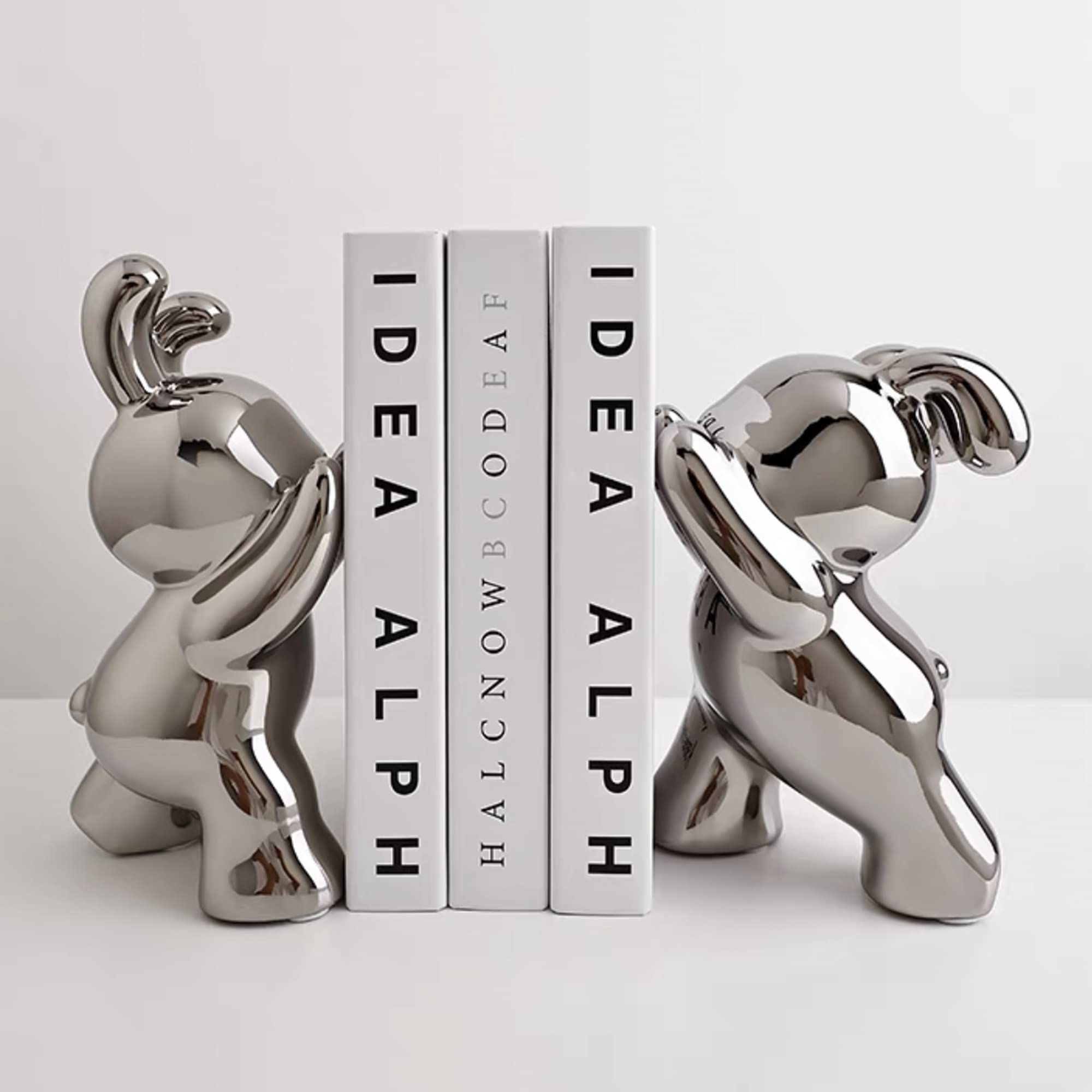 2 Pcs Silver-Plated Ceramic Bunny Bookends - Heavy Duty Animal Figurine Shelf Organizer for Books, Movies, CDs & Video Games - Cute Rabbit Home Decor for Nursery, Kids Room & Office Desks