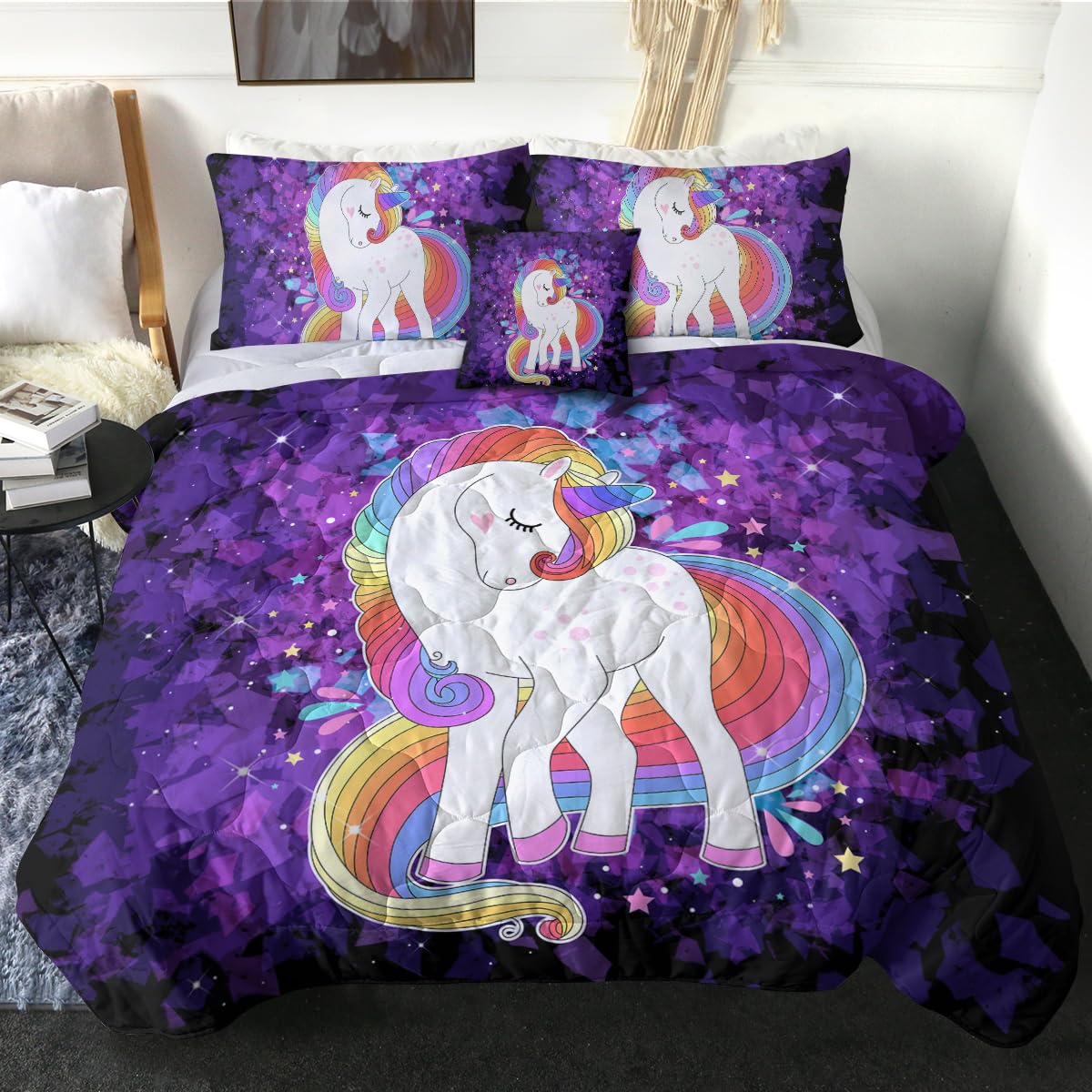 Sleepwish Unicorn Twin Comforter Set - 4 Piece Purple Bedding Set with Comforter, Pillow Shams & Cushion Cover for Girls & Teens | Soft & Cozy Bedroom Decor for Kids Rooms, Dorm Rooms & Sleepovers