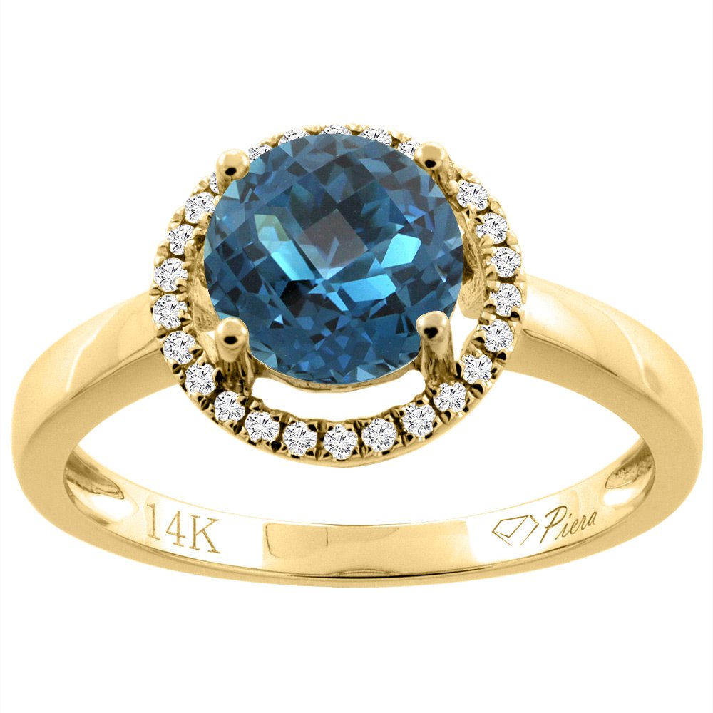 14K Gold Natural London Blue Topaz Ring with Round 7mm Diamond Accents - Size 5-10 | Elegant Silver City Jewelry for Women, Perfect for Engagement, Anniversary & Special Occasion Gifts