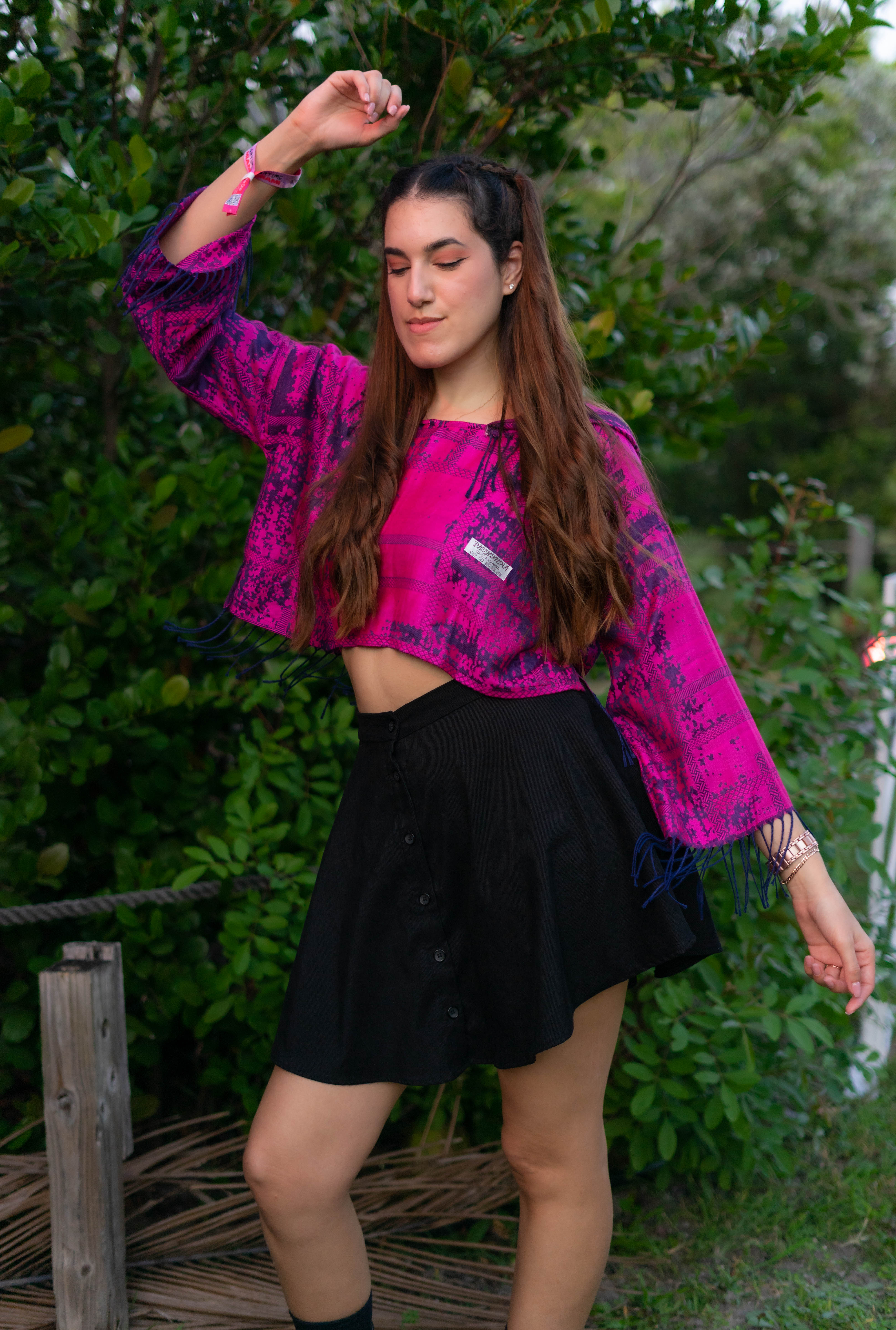 PASH LS CROP TOP Women's Long Sleeve Splatter Print Pink & Purple Shirt - Trendy Streetwear for Casual Outfits, Music Festivals & Night Out