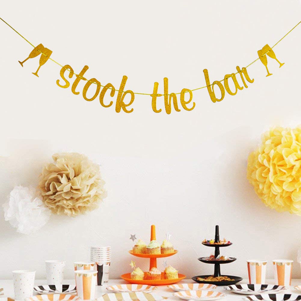 Stock the Bar Banner - Gold Glitter Bubbly Bar Decor Sign for Weddings, Birthdays, Bridal Showers & Bachelorette Parties | Perfect for Champagne Bars, Cocktail Stations & Celebration Backdrops