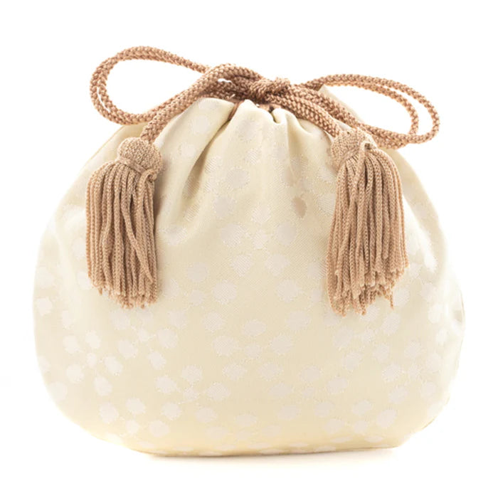 Authentic Nishijin Ori Small Drawstring Bag - Plum Blossom & White - Handmade Kyoto Japanese Traditional Craft Purse for Coins, Jewelry & Gift Giving