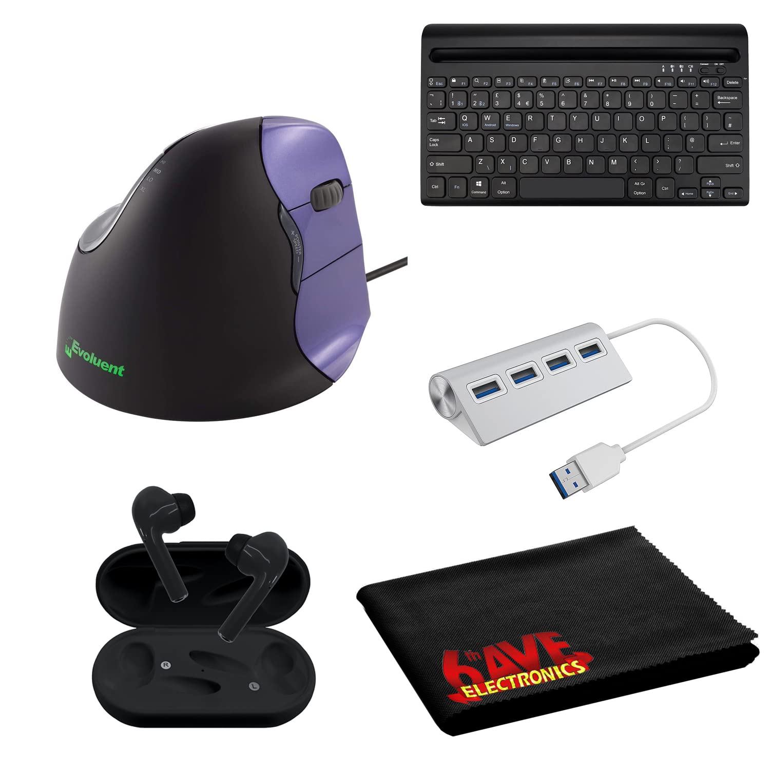 Evoluent VM4S Vertical Ergonomic Mouse for Right Hand (Wired) - Complete Office Bundle with Bluetooth Keyboard, Wireless Headset, USB Dock & Cleaning Cloth - Perfect for Home Office, Gaming & Computer Workstations