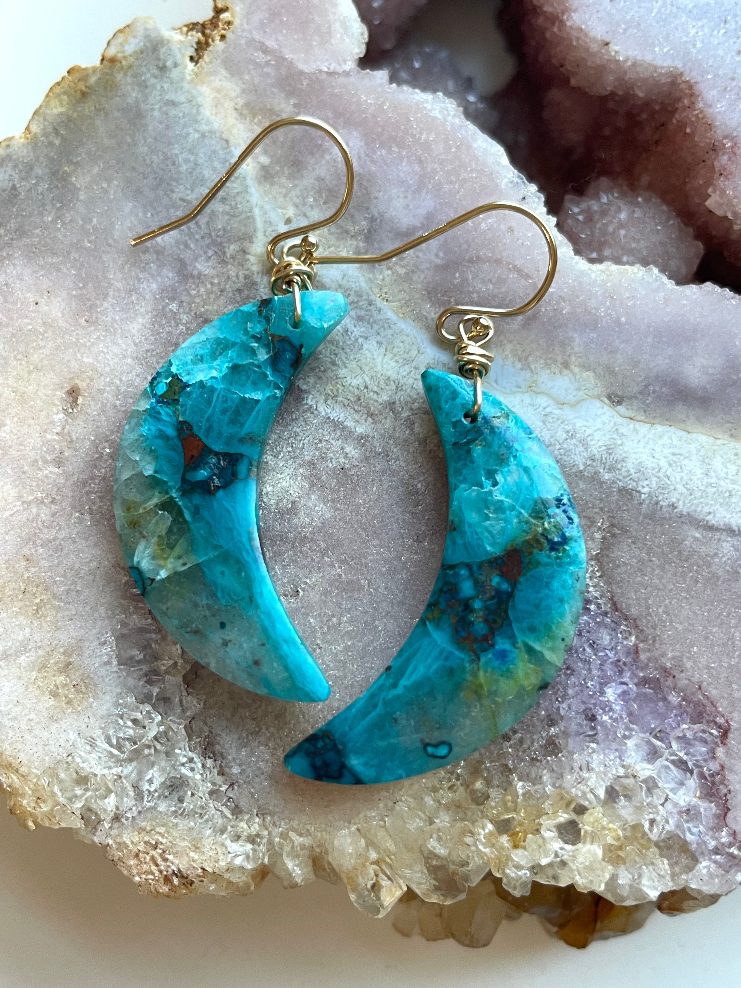 Chrysocolla Gold Filled Statement Crystal Gemstone Earrings for Women - Elegant Bohemian Dangle Earrings for Party, Wedding & Special Occasions