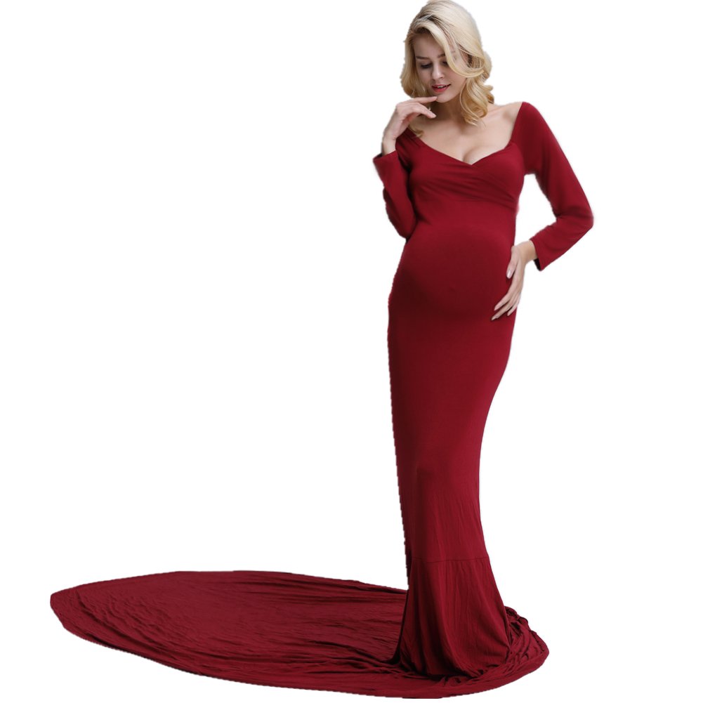 Maternity Gown Off Shoulder Long Sleeve Slim Fit Maxi Photography Dress for Christmas, Pregnancy Photoshoot, Baby Shower & Holiday Party - Elegant Flowy Maternity Dress for Special Occasions