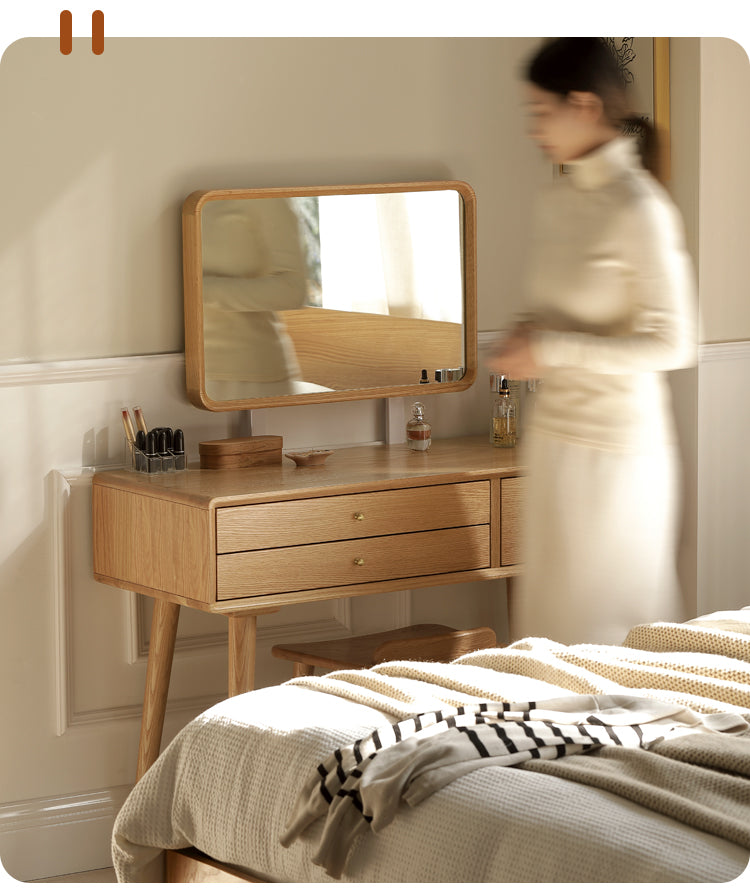 Stylish Oak Solid Wood Modern Dressing Table with Large Mirror - Perfect for Bedroom Vanity, Makeup Station & Home Decor