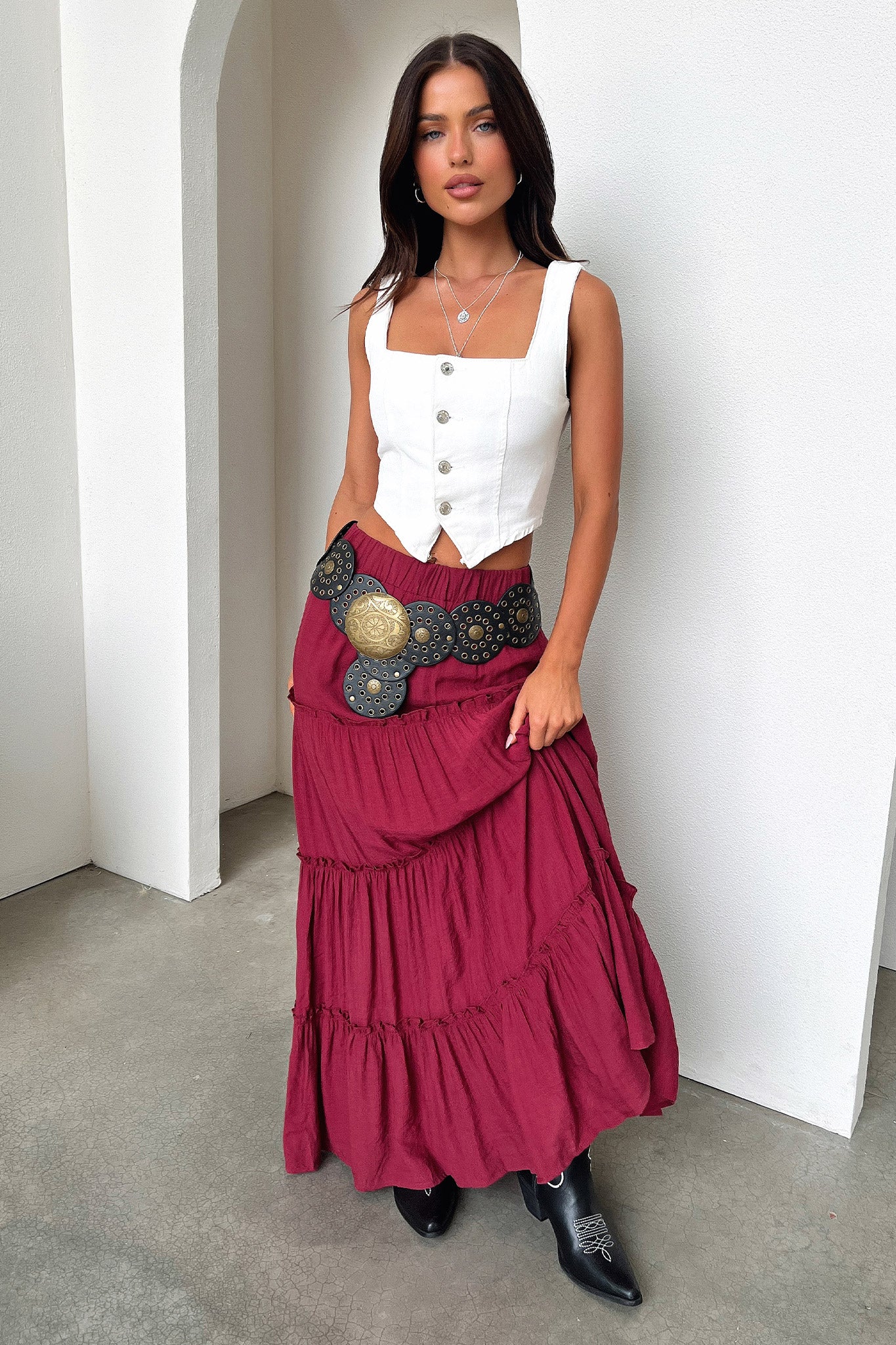 Dunne Maxi Skirt for Women - Burgundy Red Long Flowy Skirt with Elastic Waistband | Perfect for Casual Wear, Beach Vacations & Boho Outfits