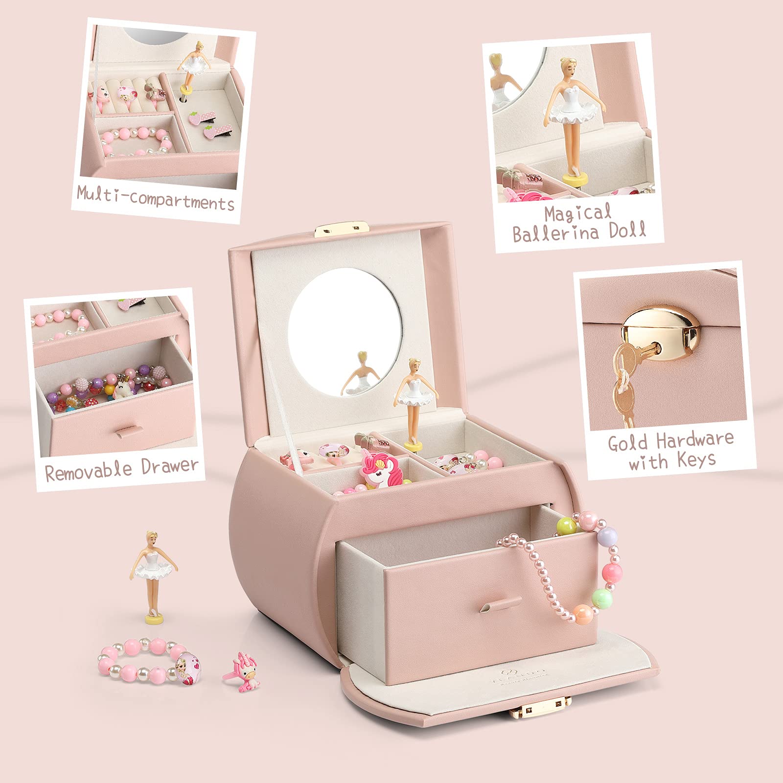 Vlando Pink Musical Jewelry Box for Girls with Drawer - Ballerina Music Box with Stickers, Birthday Gift for Girls, Kids Room Decor | Perfect for Jewelry Storage, Bedroom Decoration & Special Occasion Gifts