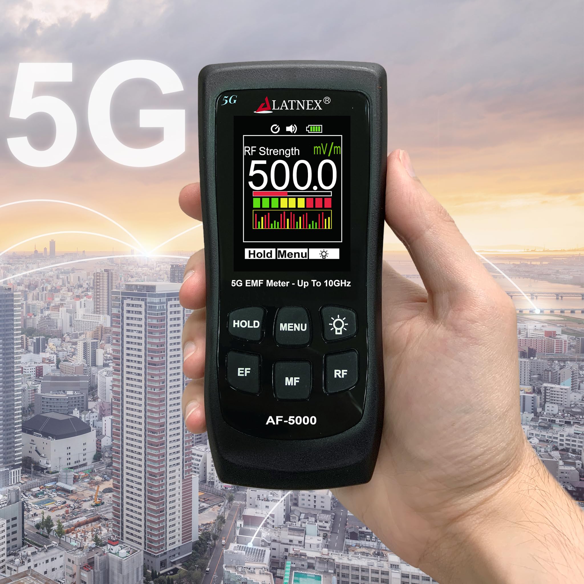 LATNEX AF-5000 5G EMF Meter - Professional Electromagnetic Field Detector for RF (Up to 10GHz), Magnetic & Electric Fields - Includes Aluminum Carrying Case & Calibration Certificate - Perfect for Home, Office & 5G Radiation Safety Testing