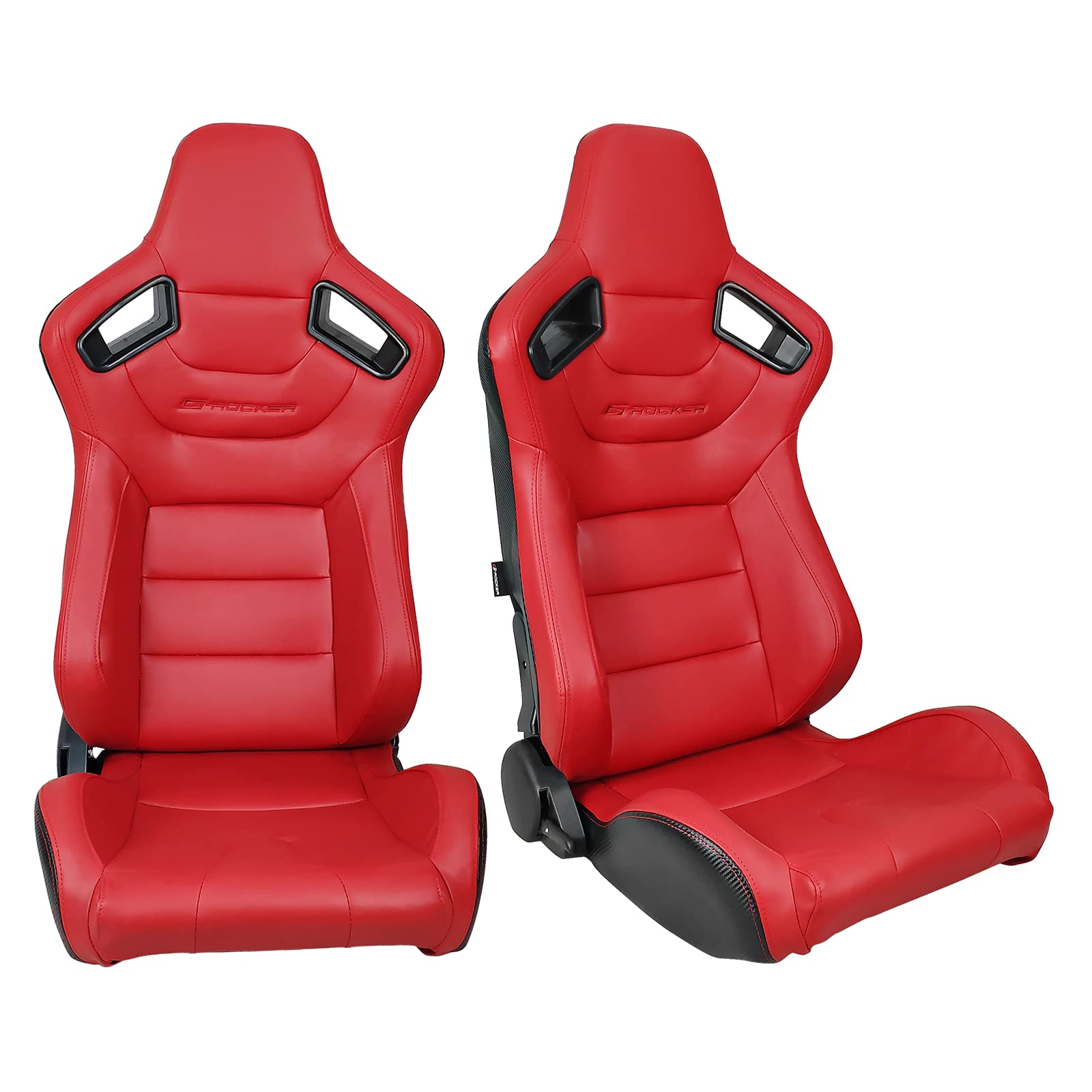 FREEMOTOR802 Universal Racing Seats - Reclinable Sport Car Seats with Dual Lock Sliders, Adjustable Bucket Seats for Driver & Passenger (1 Pair) - PU & Carbon Fiber Fabric in Red | Perfect for Track Racing, Drifting & Performance Car Upgrades