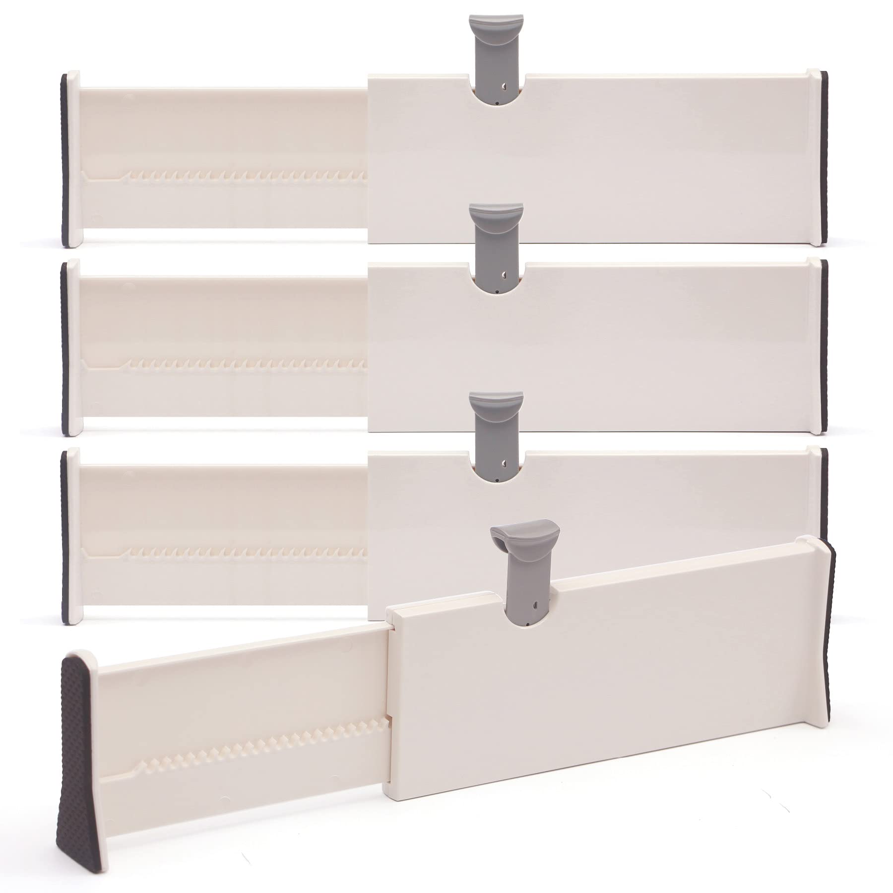 DIOMMELL 4 Pack Adjustable Drawer Dividers Organizers - Expandable Plastic Drawer Organizer for Kitchen Utensils, Bedroom Socks, Closet Accessories, Bathroom Essentials & Office Supplies - Space Saving Storage Solution
