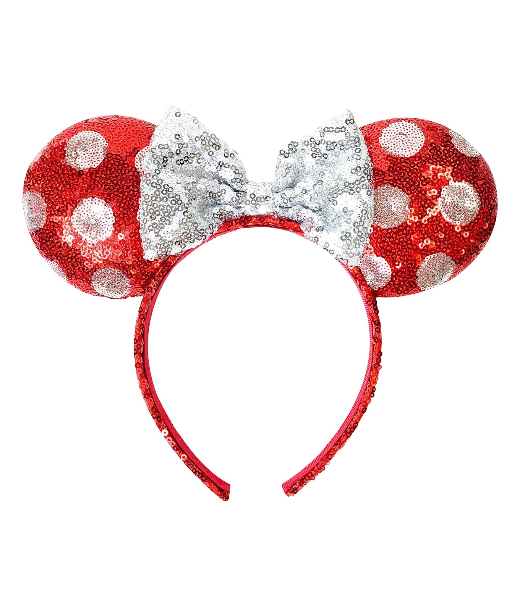 Minnie Mouse Red & White Polka Dot Sequin Plush Headband for Women & Girls - Disney Party Hair Accessories for Cosplay, Birthday, Halloween & Theme Park Visits