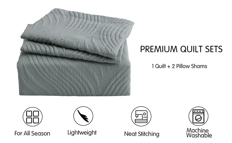Premium King Size Gray Quilt Set - All Season Lightweight 3-Piece Bedding with Quilt & 2 Pillow Shams | Cozy Bedspread for Master Bedroom, Guest Room & Dorm Decor