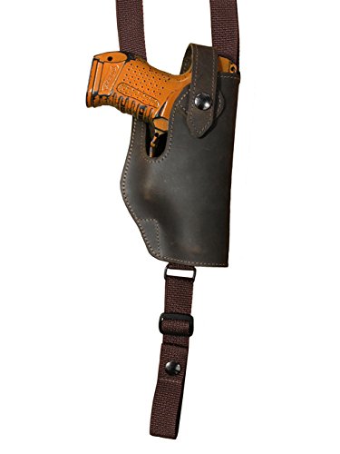 Barsony Brown Leather Vertical Shoulder Holster with Double Magazine Pouch for Compact 9mm, .40 & .45 Pistols - Concealed Carry & Tactical Use