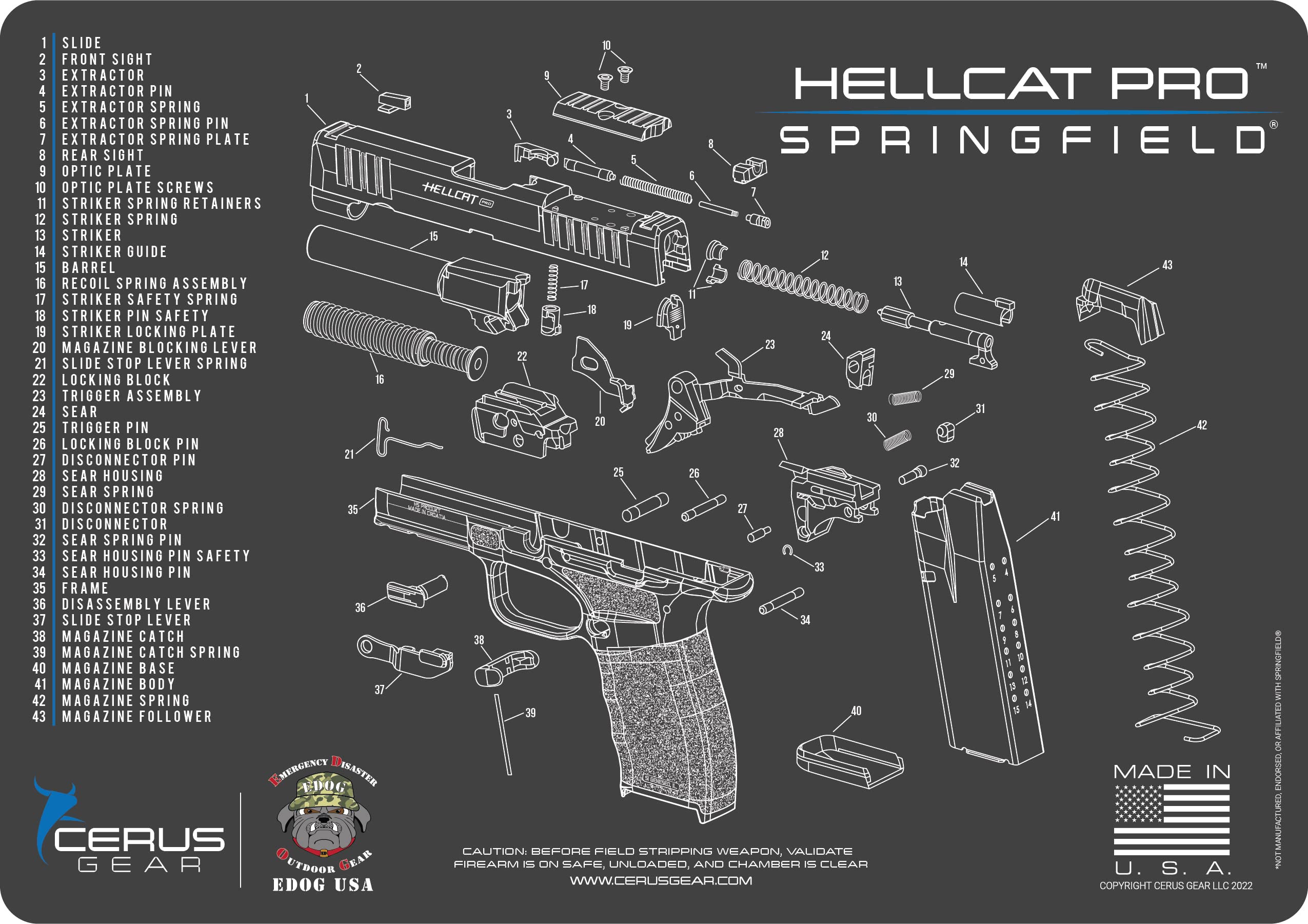**Hellcat Pro Gun Cleaning Mat - Exploded View Schematic for Springfield Armory Hellcat Pro | 3mm Thick Non-Slip Pad | Protects Firearms, Magazines & Workbench from Oil & Scratches | Black | Perfect for Gun Maintenance & Workshop Use**