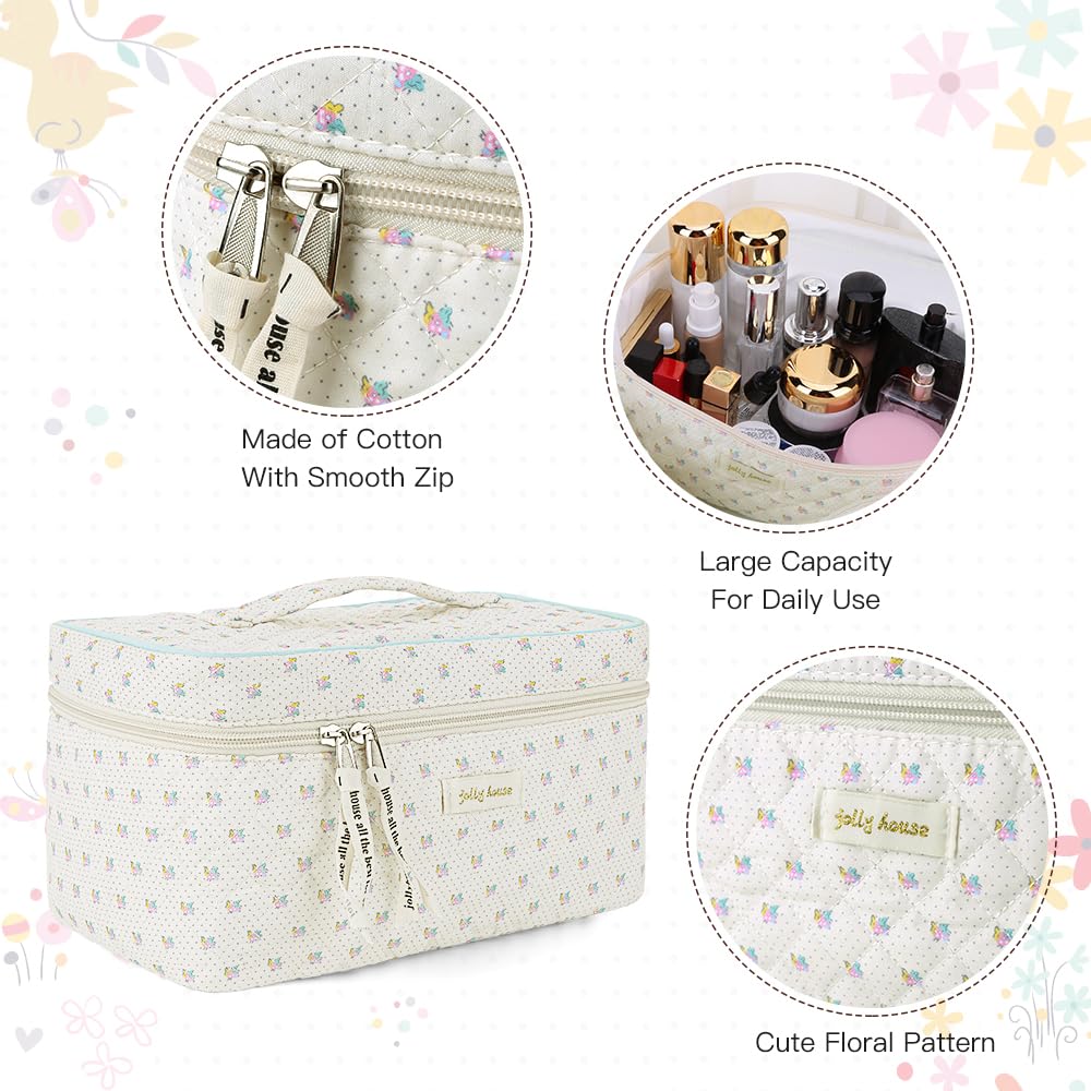 Cessfle 3PCS Cotton Quilted Makeup Bags Set - Cute Floral Cosmetic Organizer for Women | Large Coquette Aesthetic Travel Makeup Pouch | Perfect for Travel, Gym & Daily Beauty Essentials