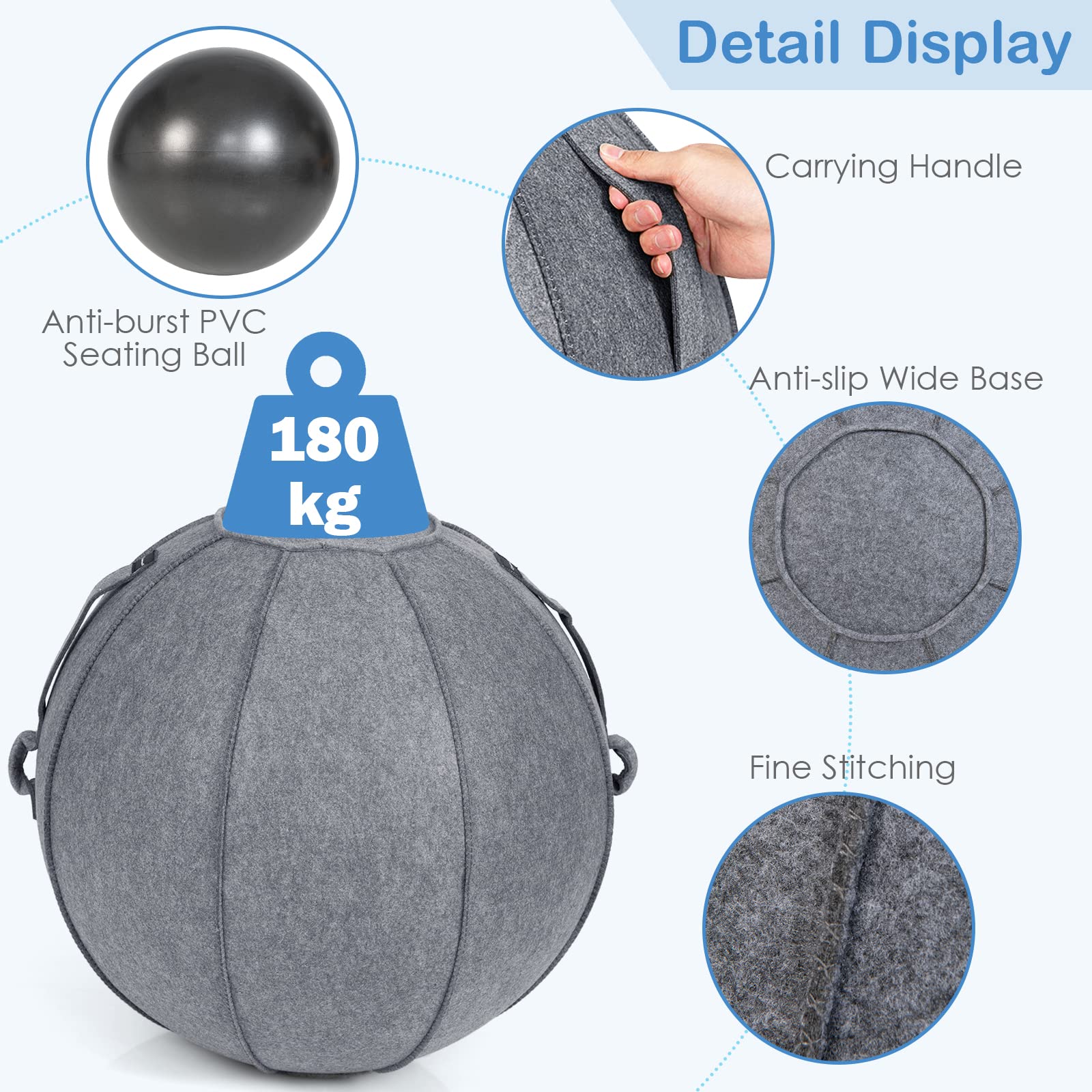 GYMAX 65cm Anti-Burst Yoga Ball with Felt Cover, Resistance Bands & Pump - Stability Exercise Ball for Pilates, Pregnancy, Physical Therapy & Office Sitting - Perfect for Home Gym, Postpartum Recovery & Workplace Ergonomics