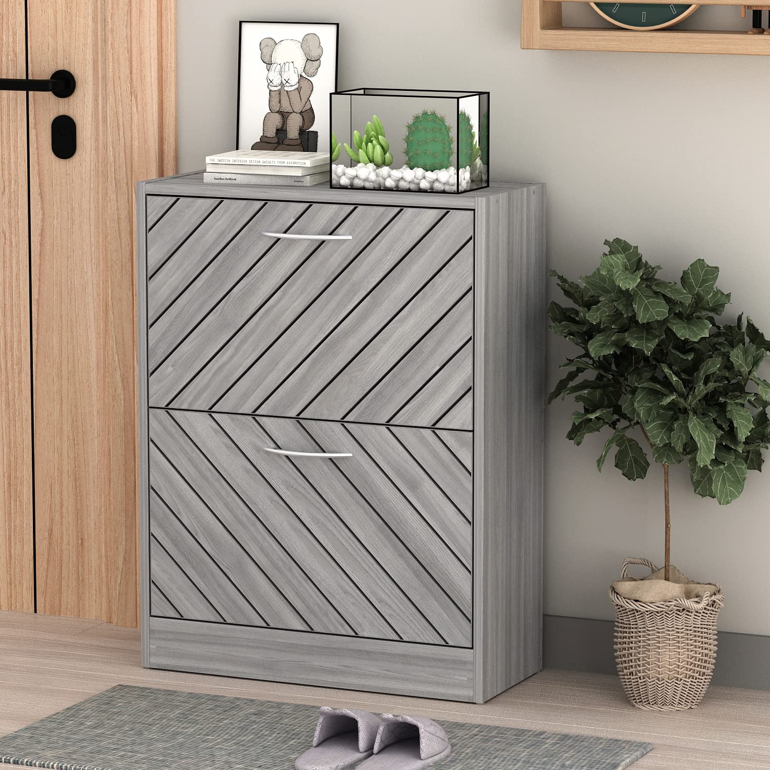 Homsee Modern Shoe Storage Cabinet with 2 Flip Drawers & Twill Louver Doors - 2-Tier Wooden Shoe Rack Organizer for Entryway, Hallway, Bedroom - Space-Saving Grey Shoe Cabinet (22.4”L x 9.4”W x 29.5”H) - Perfect for Small Apartments & Closet Organization