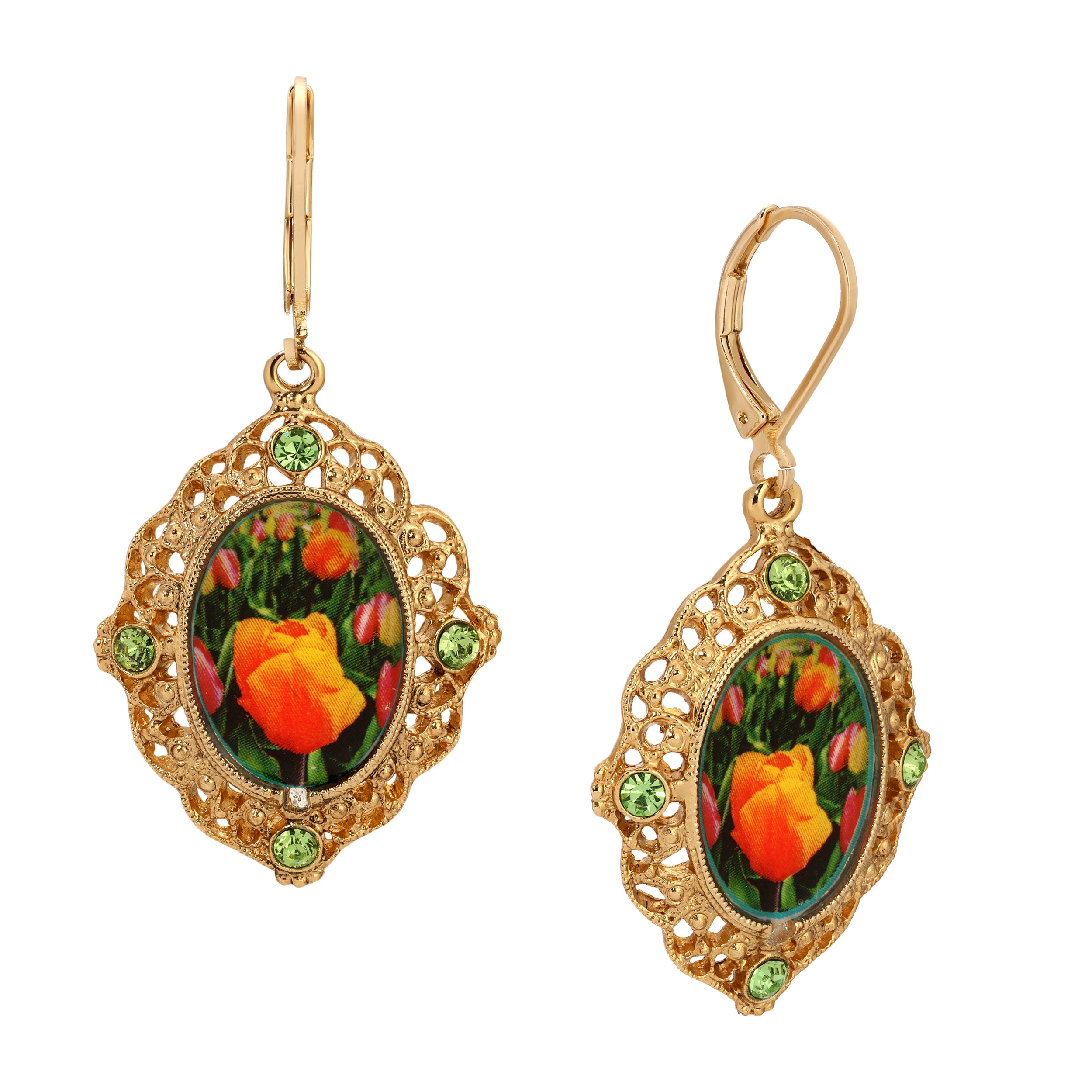 1928 Jewelry Blooming Orange Tulips & Peridot Crystal Drop Earrings - Elegant Dangle Earrings for Women, Perfect for Spring Weddings, Parties & Special Occasions