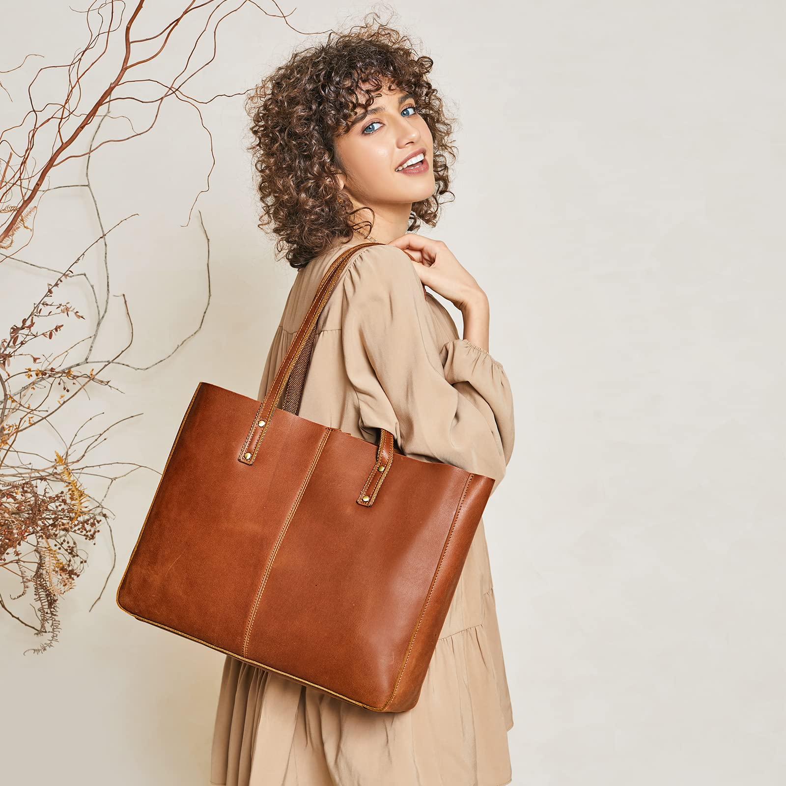 S-ZONE Women's Genuine Leather Tote Bag with Canvas Pouch & Crossbody Bucket Purse Set - Stylish Handbag for Work, Travel and Everyday Use