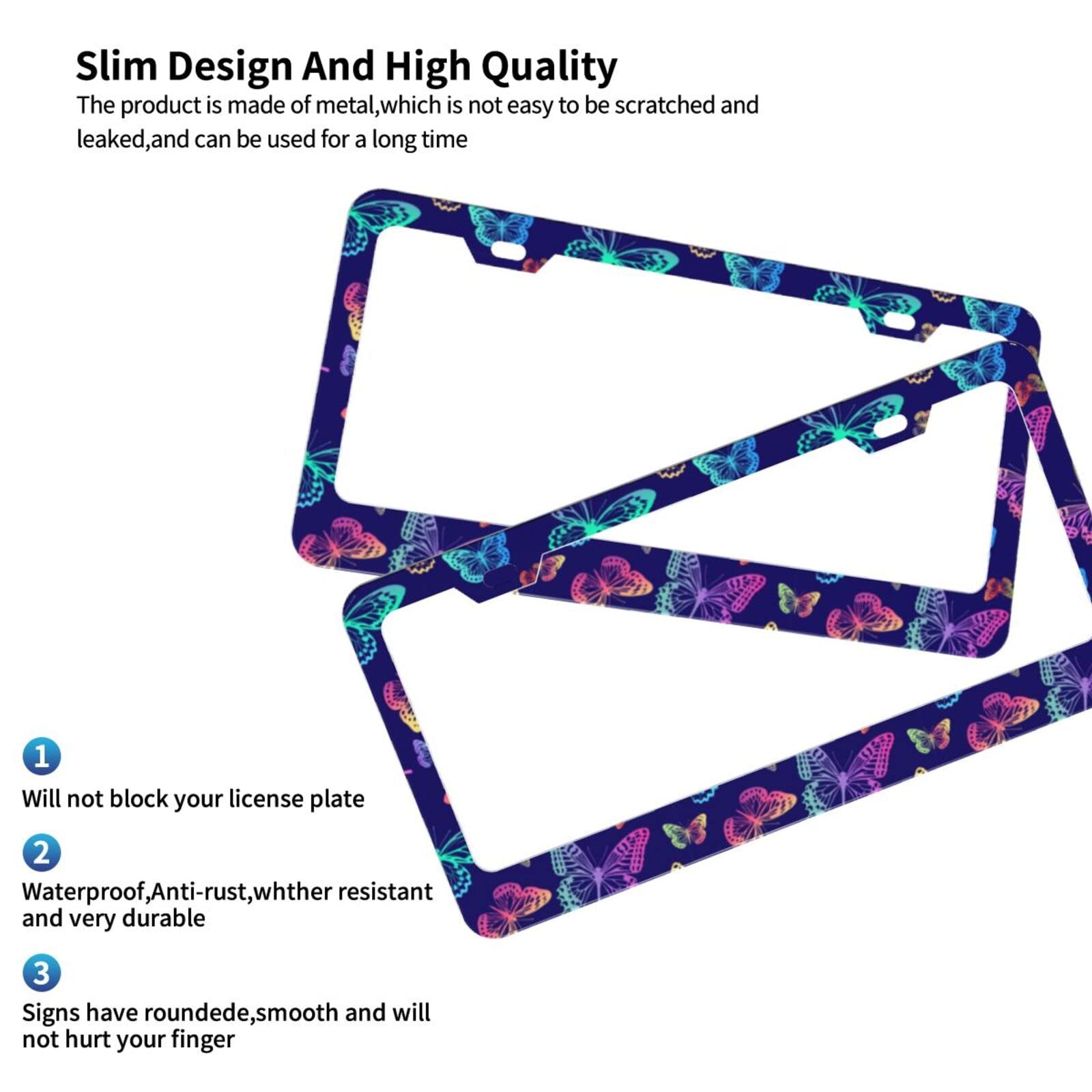 KiuLoam 2-Pack Rainbow Butterfly Blue Metal License Plate Frames - US Standard Car Plate Holder with Screws for Vehicle Protection & Decoration | Perfect for Customizing Cars, Trucks & SUVs
