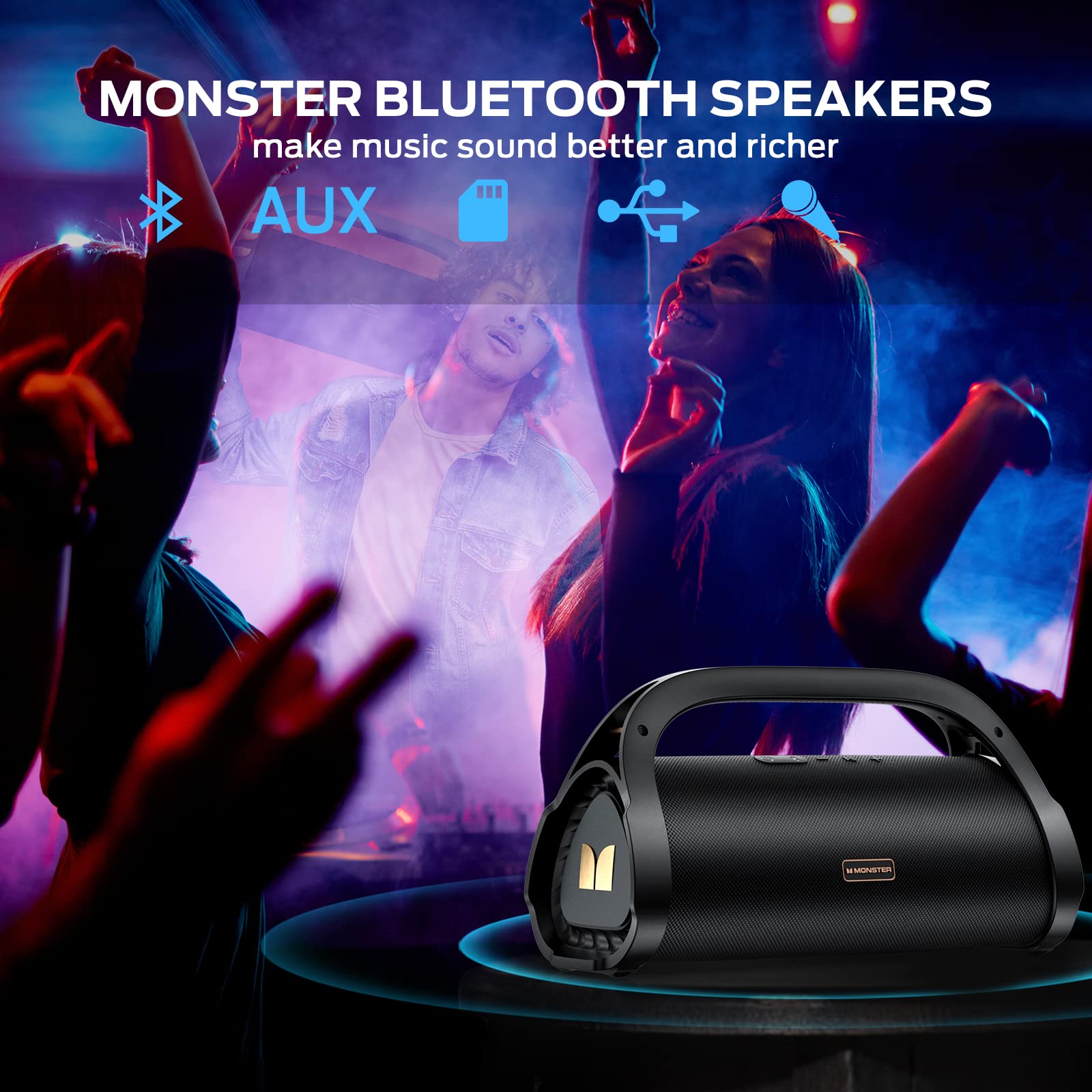 Monster Adventurer Max Portable Bluetooth Speaker - IPX7 Waterproof Wireless Speaker with Dual Subwoofers & 100W Stereo Sound | 24H Playtime for Outdoor, Pool, Beach, Camping, Hiking, Parties | Rich Bass Gold Speaker