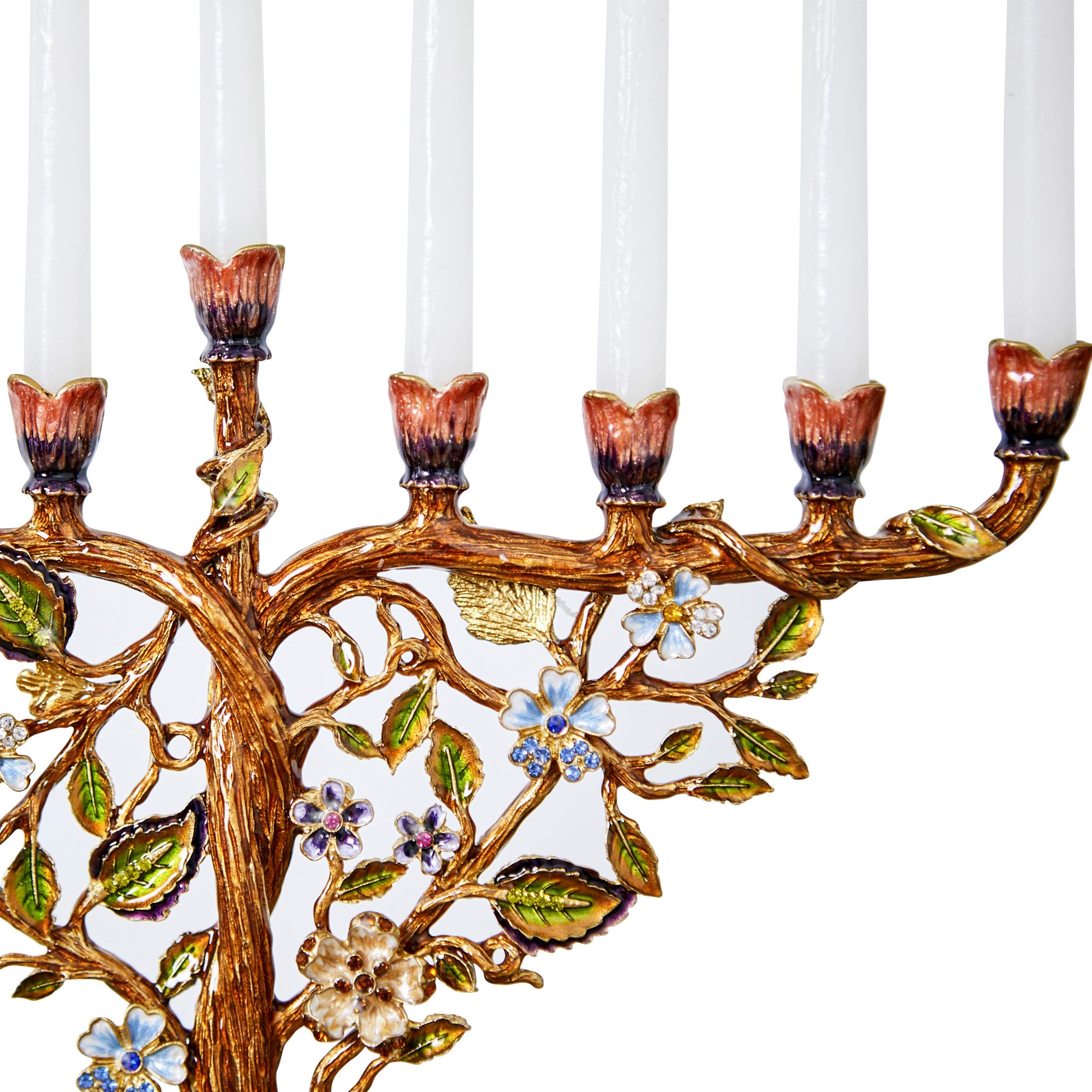 Hand Painted Jewish Menorah Candle Holder - Metal Hanukkah Candelabra with Crystal Embellishments & Floral Vine Design, Fits 9mm (5/16