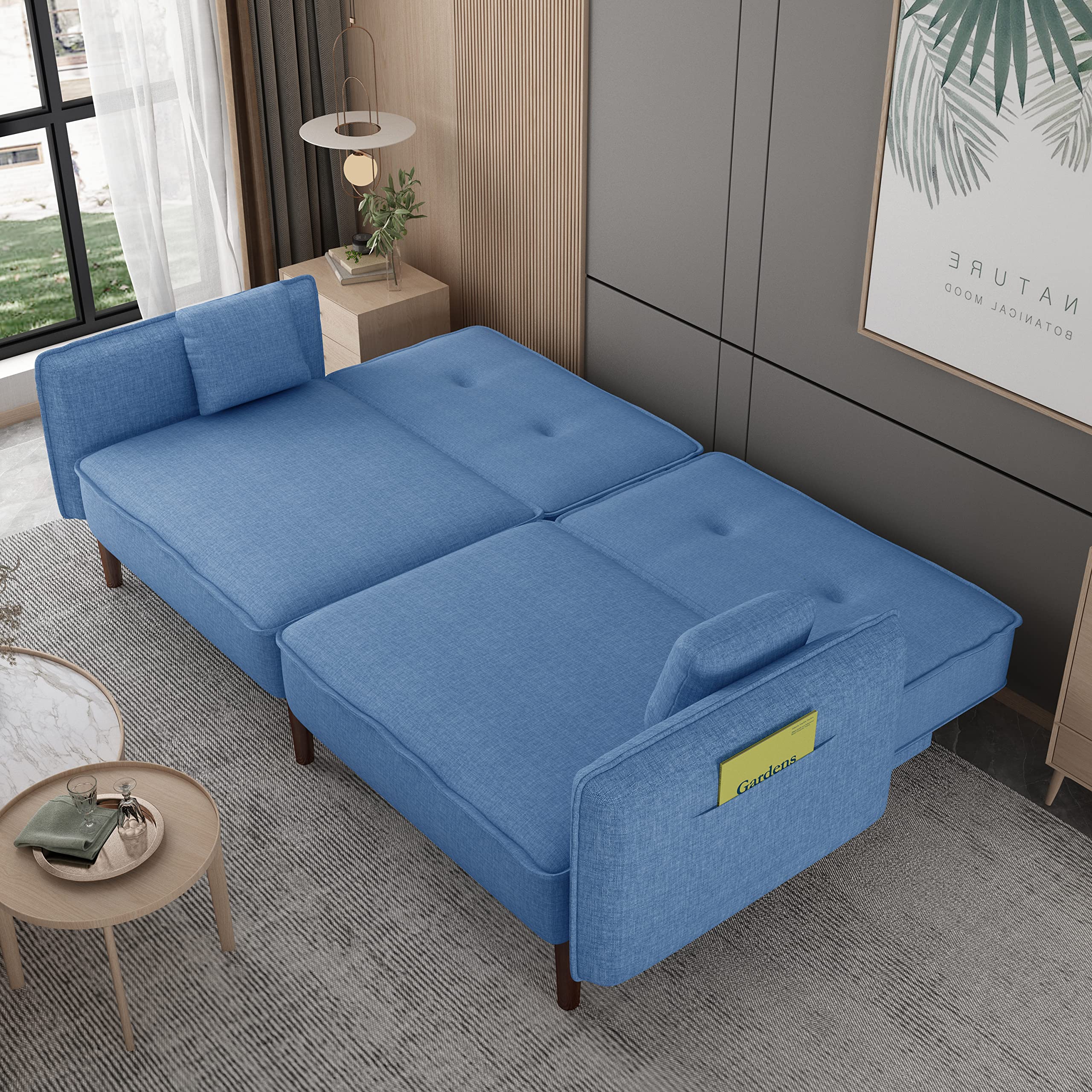 75-inch Convertible Futon Sofa Bed with Adjustable Armrests & Split Back – Sleeper Couch with Side Pockets, 2 Toss Pillows & 6 Wooden Legs – Space-Saving for Small Apartments, Dorms & Living Rooms – Perfect for Lounging, Guest Sleeping & Compact Spaces (Blue)