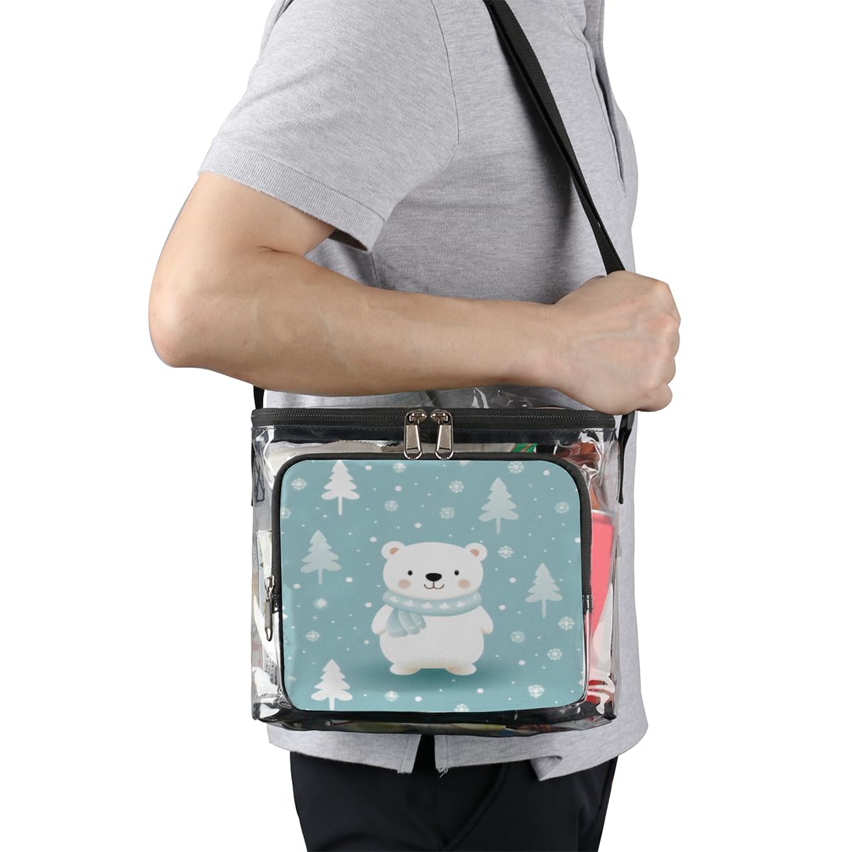 GzLeyigou Winter Bear Clear Tote Bag with Handles - Cute Transparent Crossbody Shoulder Bag for Lunch, Outdoor, Travel, Picnic, Concerts & Sports Events - Stadium Approved Multi-Purpose Clear Bag for Shopping, Beach & Holiday Gifts