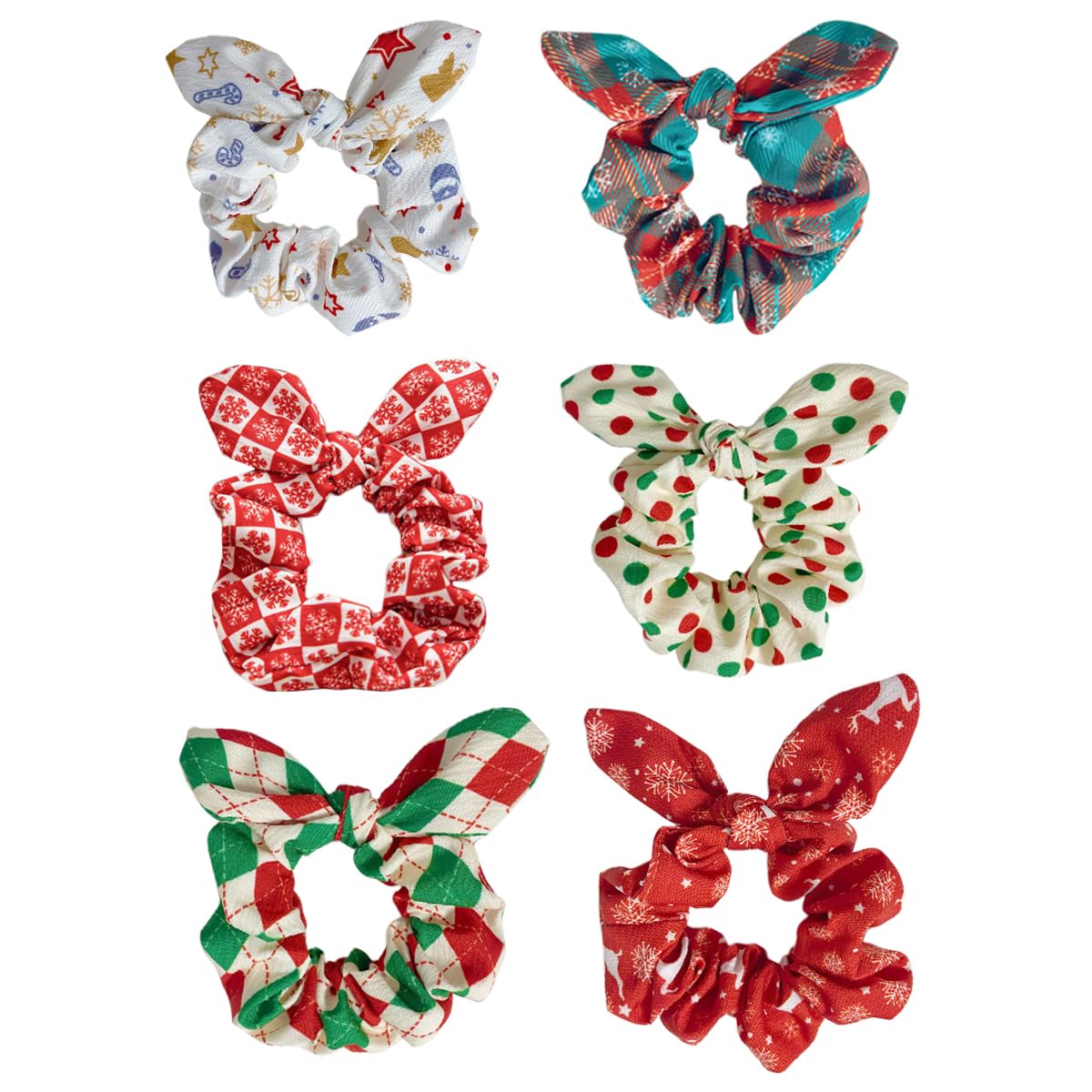 6-Piece Christmas Bow Scrunchies for Women & Girls - Cute Bunny Ear Hair Ties, Ponytail Hair Bands & Hair Accessories (Perfect for Holidays, Gifts & Everyday Styling)