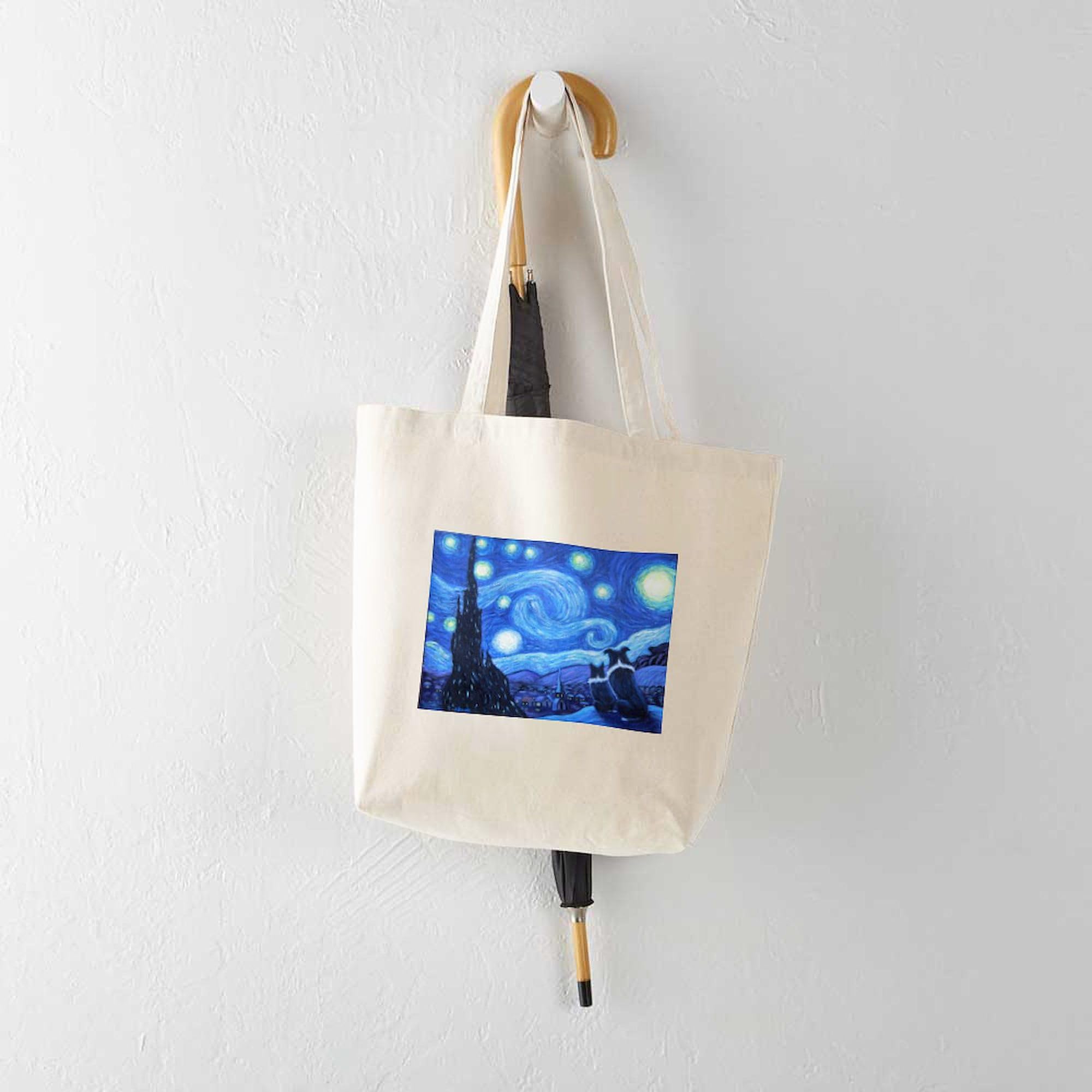 Starry Night Border Collies Canvas Tote Bag - Eco-Friendly Reusable Shopping Bag for Groceries, Beach & Daily Use | Van Gogh Inspired Dog Lover Gift