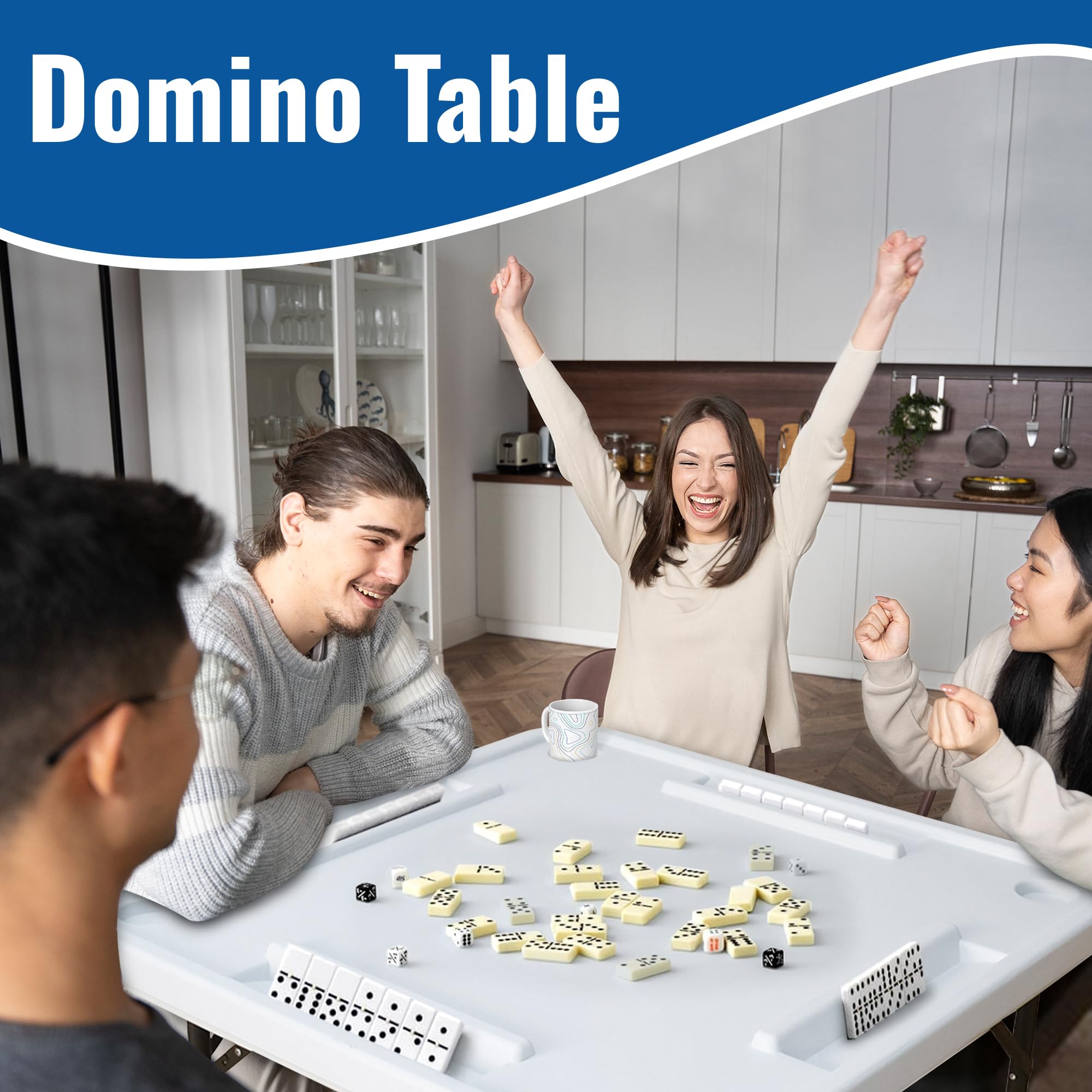 White Folding Domino Table with Built-in Cup Holders & Card Slots - 4 Player Portable Game Table for Mahjong, Poker, Puzzles & Board Games - Perfect for Parties, Game Nights & Outdoor Gatherings - White