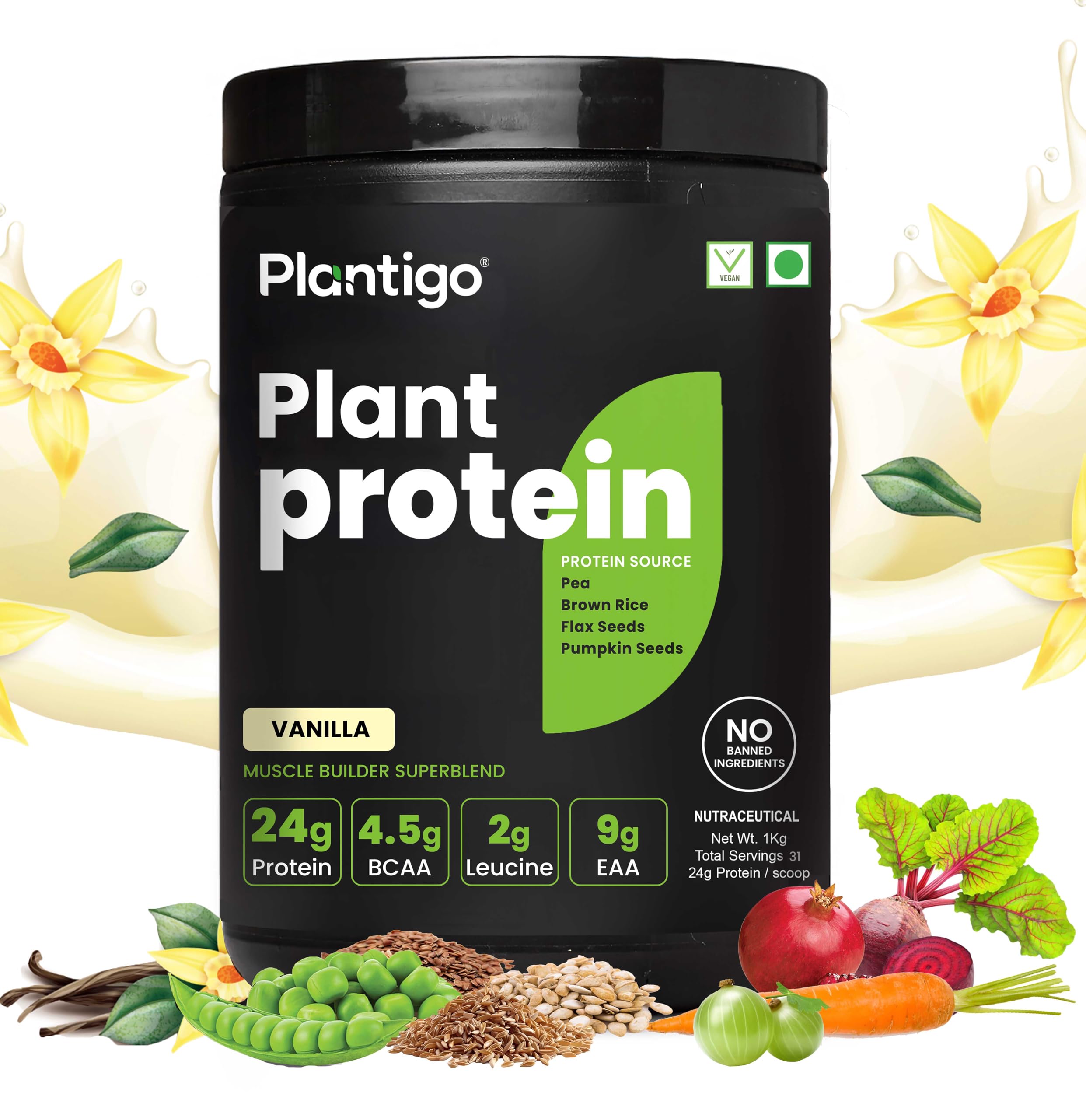 Plantigo Vegan Pea Protein Powder - Vanilla Flavor, 1kg | 24g Protein, 4.4g BCAA, 2g Leucine | Fast Digesting, Sugar-Free, No Preservatives | Ideal for Smoothies, Baking & Post-Workout Recovery for Men & Women