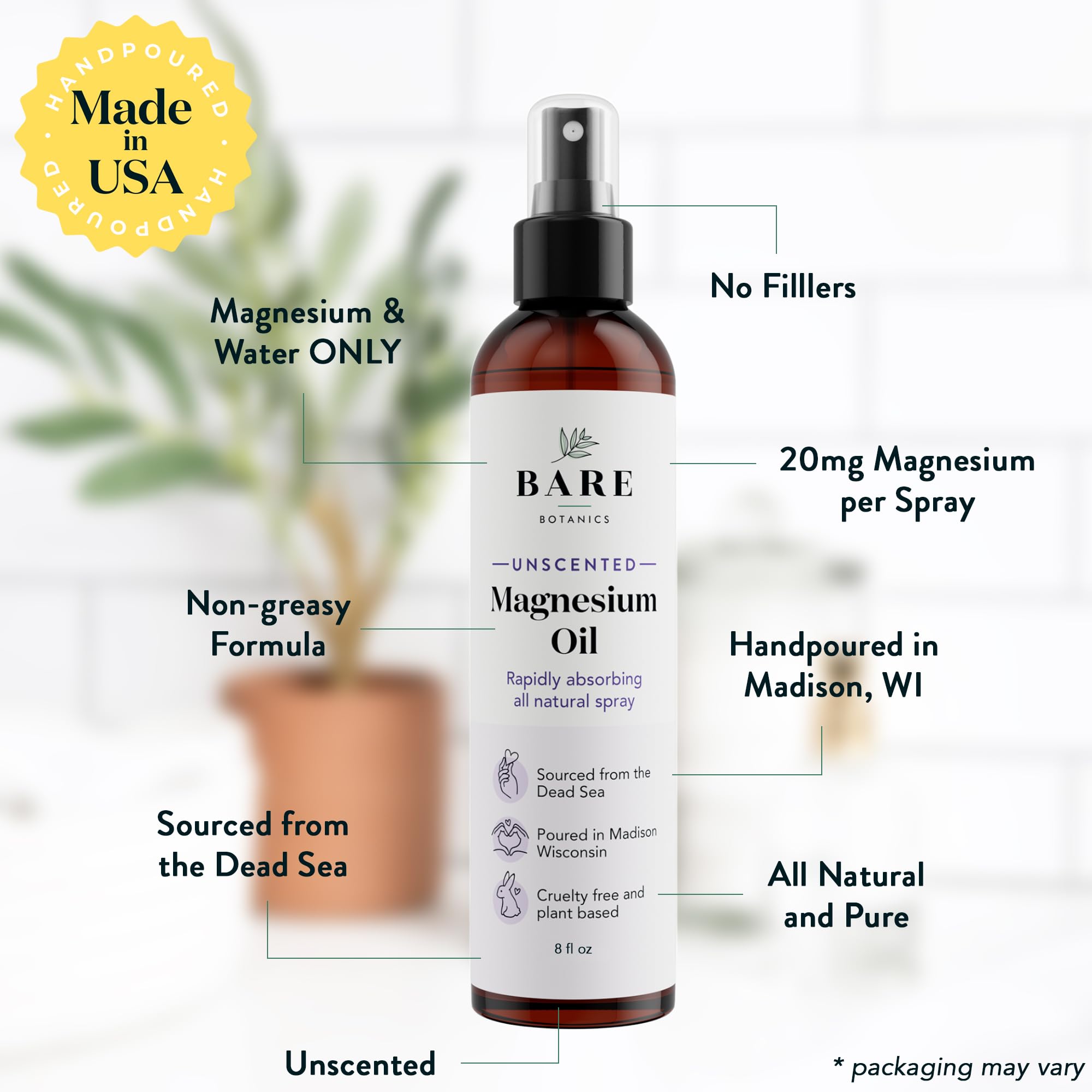 Bare Botanics Unscented Body Oil & 4oz Magnesium Oil Spray Set - Hydrating Skin Care for Dry Skin, Massage & Relaxation - Perfect for Daily Moisturizing & Post-Workout Recovery