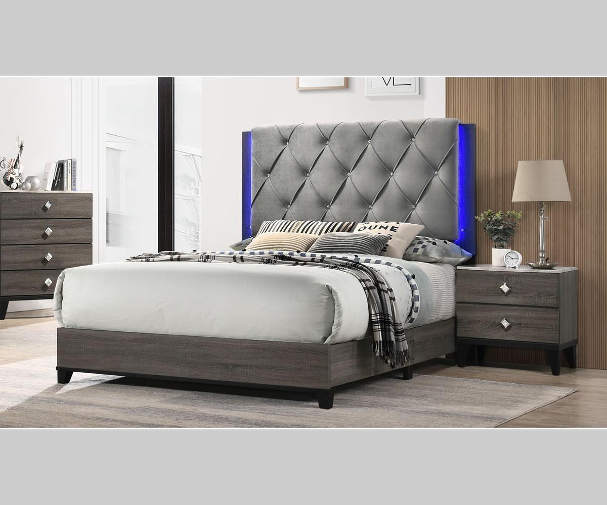 Grey Velvet Fabric Upholstered LED Bed - Queen & King Size (Model Amber) | Modern Bedroom Furniture with Soft Lighting for Romantic Ambience