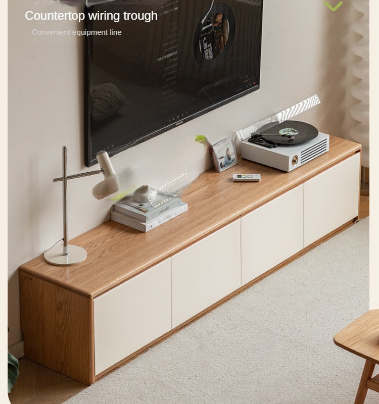 Solid Oak Wood Modern White Integrated Log Floor TV Stand - Stylish Storage for Living Room, Bedroom & Home Theater