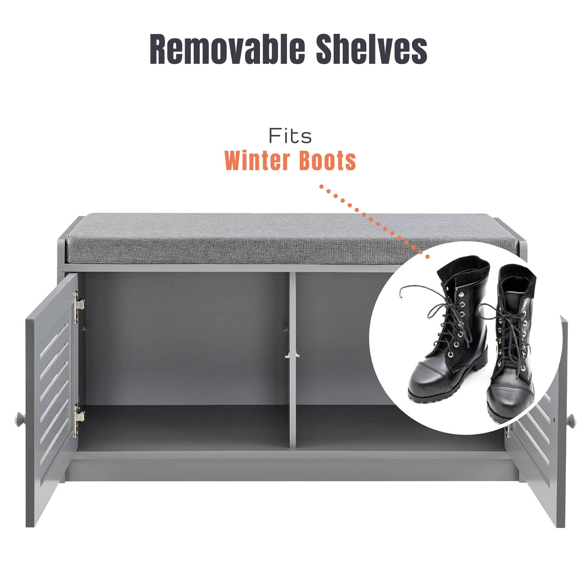 Gray Wooden Shoe Storage Bench with Cushioned Seat & Adjustable Shelves - Entryway Organizer for Hallway, Living Room or Bedroom - Perfect for Small Space Organization & Quick Shoe Access