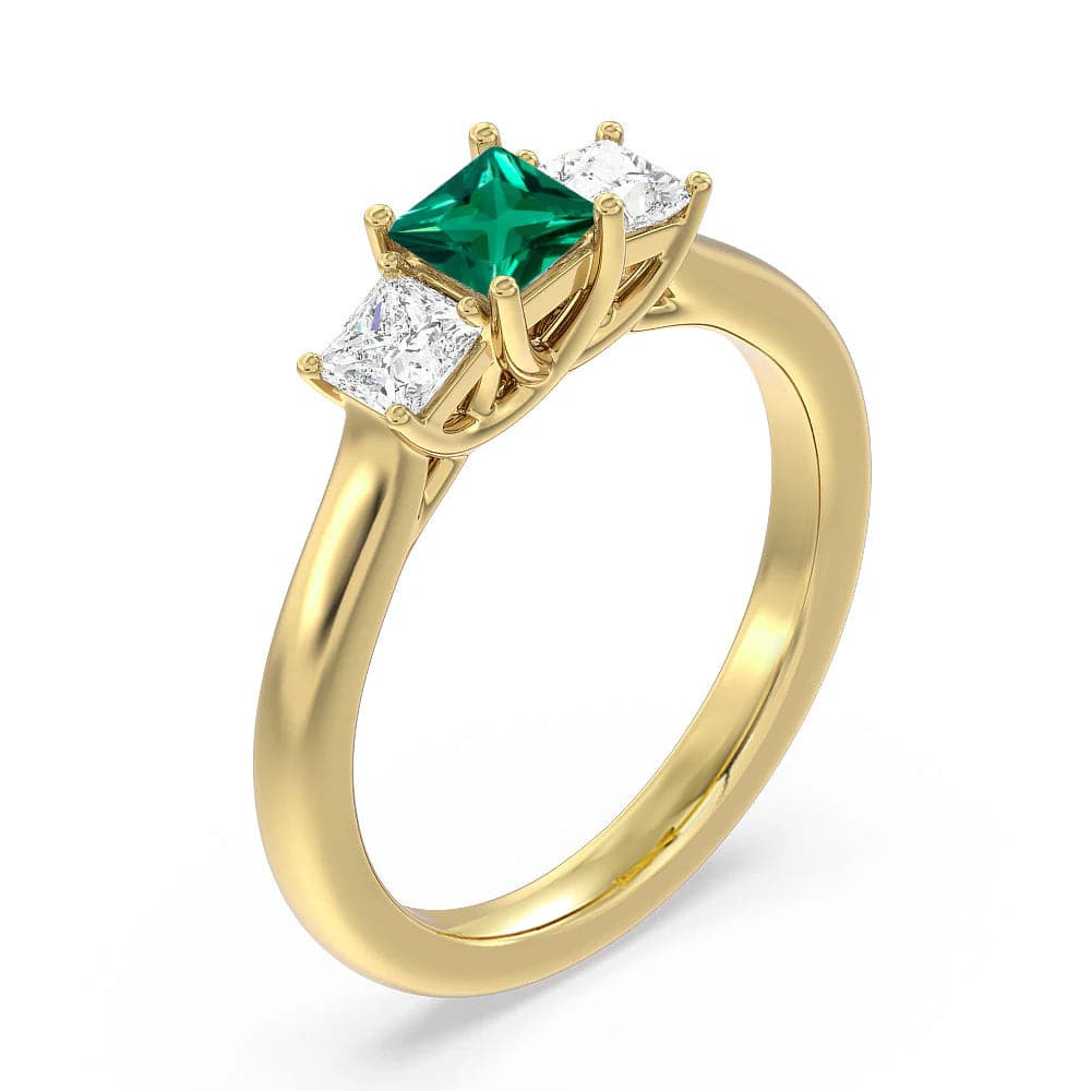Lab Grown Emerald & Princess Cut Diamond Three Stone Ring - Elegant Engagement, Wedding, or Anniversary Jewelry Gift for Her