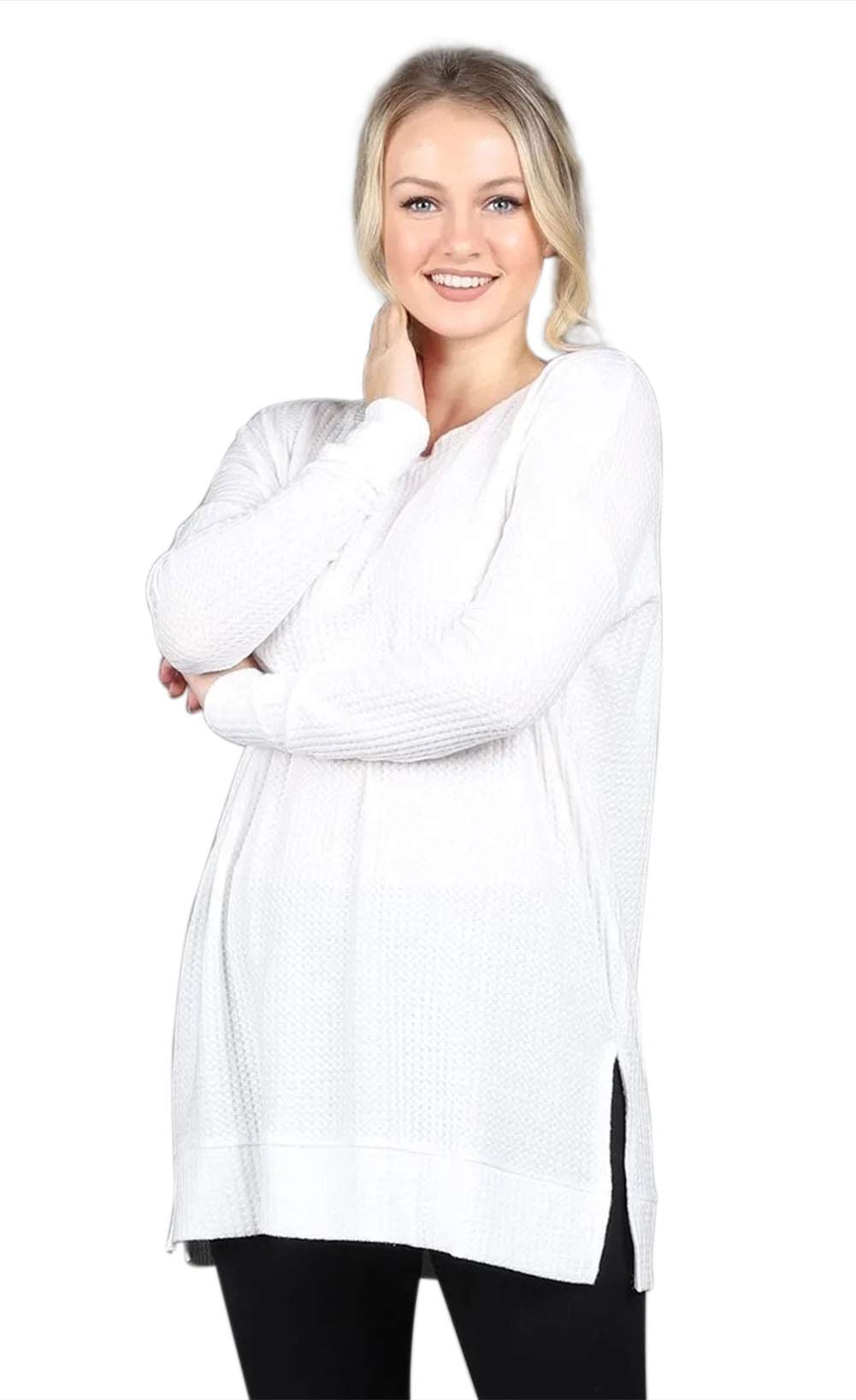 Women's Waffle Knit Sweater - Crew Neck Long Sleeve Pullover Loose Casual Top for Spring & Fall | Cozy Jumper for Work, Date Night & Weekend Outfits